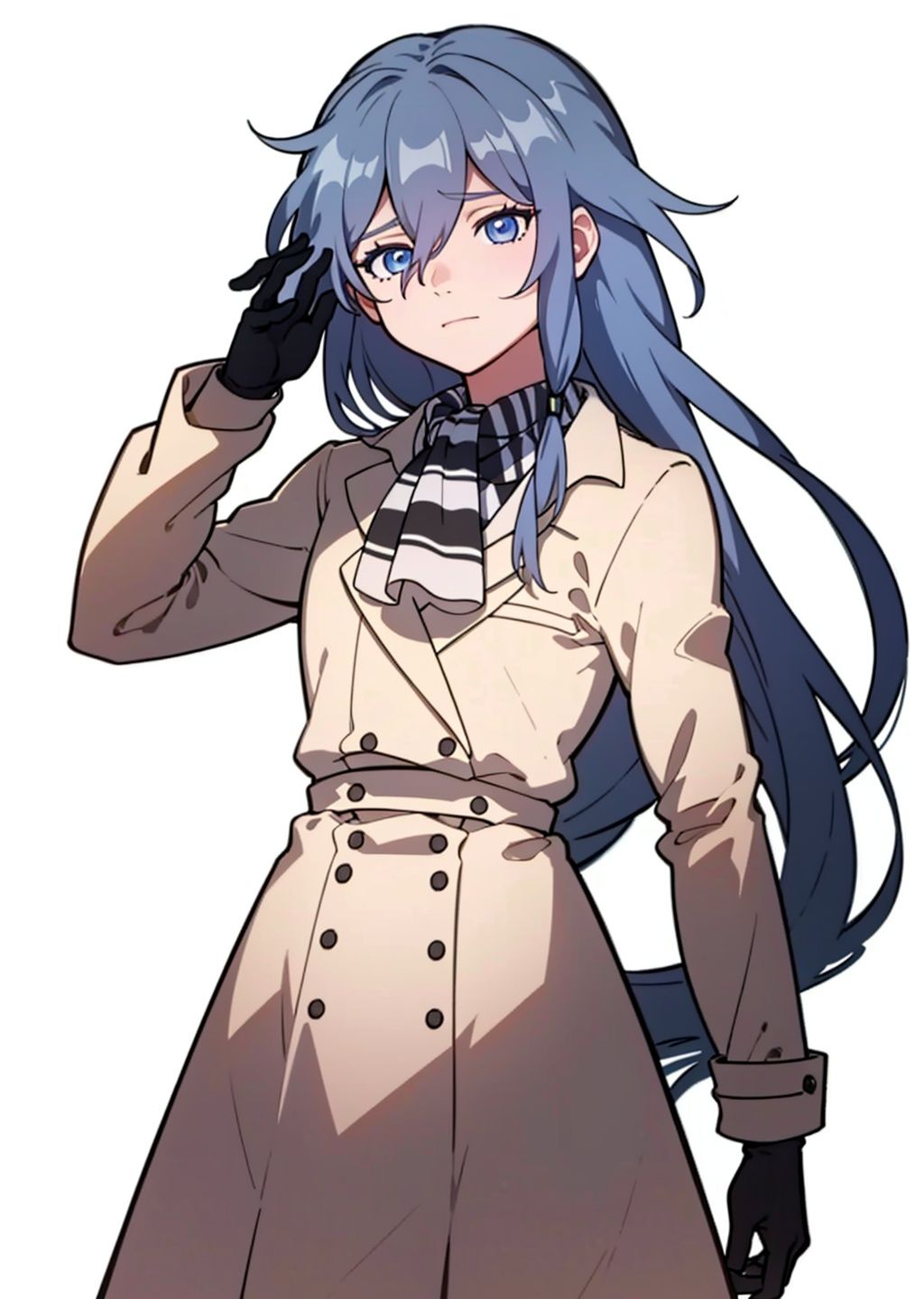 (masterpiece:1.3),(the best quality:1.2),(super fine illustrations:1.2),(Masterpiece),high quality,high detail,(white background:1.2),looking at viewer,(SOLO:1.4),outline,simple background,, coat,jacket,black legwear,hair between eyes,blue eyes,boots,double-breasted,knee boots,low-tied long hair,lace-up boots,black footwear,checkered scarf,grey hair,
