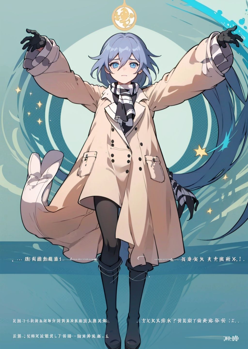 (masterpiece:1.3),(the best quality:1.2),(super fine illustrations:1.2),(Masterpiece),high quality,high detail,(white background:1.2),looking at viewer,(SOLO:1.4),outline,simple background,, coat,jacket,black legwear,hair between eyes,blue eyes,boots,double-breasted,knee boots,low-tied long hair,lace-up boots,black footwear,checkered scarf,grey hair,
