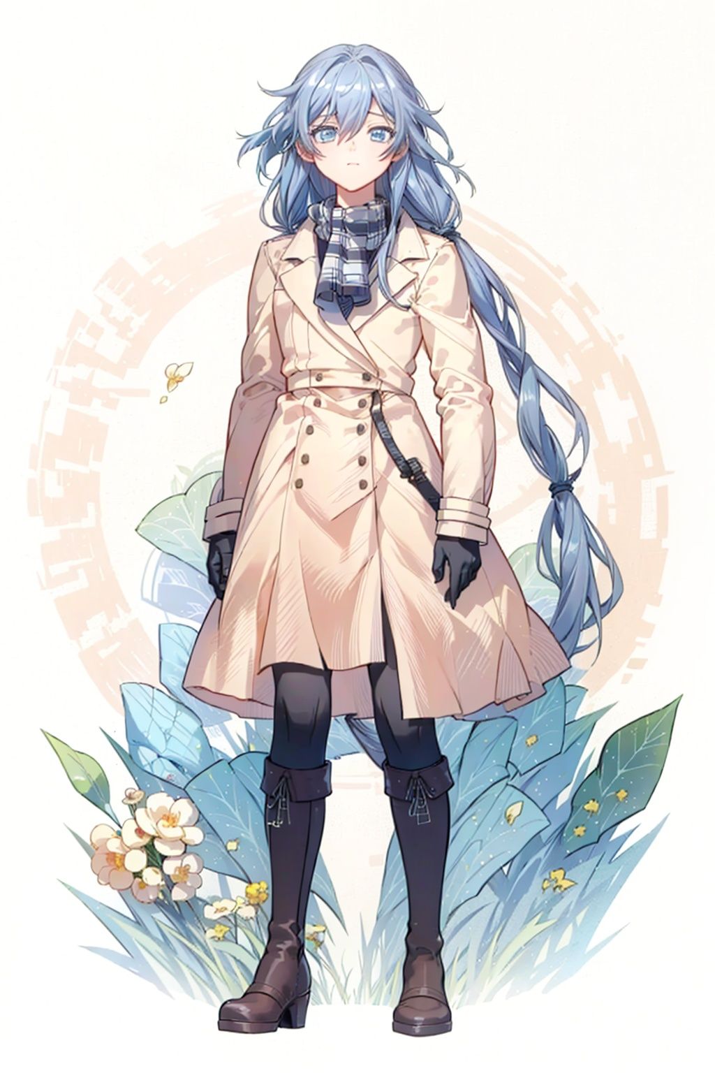 (masterpiece:1.3),(the best quality:1.2),(super fine illustrations:1.2),(Masterpiece),high quality,high detail,(white background:1.2),looking at viewer,(SOLO:1.4),outline,simple background,, coat,jacket,black legwear,hair between eyes,blue eyes,boots,double-breasted,knee boots,low-tied long hair,lace-up boots,black footwear,checkered scarf,grey hair,