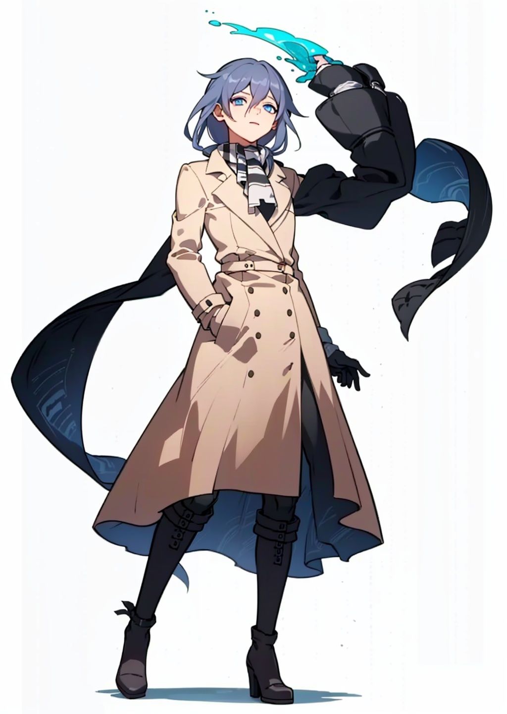 (masterpiece:1.3),(the best quality:1.2),(super fine illustrations:1.2),(Masterpiece),high quality,high detail,(white background:1.2),looking at viewer,(SOLO:1.4),outline,simple background,, coat,jacket,black legwear,hair between eyes,blue eyes,boots,double-breasted,knee boots,low-tied long hair,lace-up boots,black footwear,checkered scarf,grey hair,
