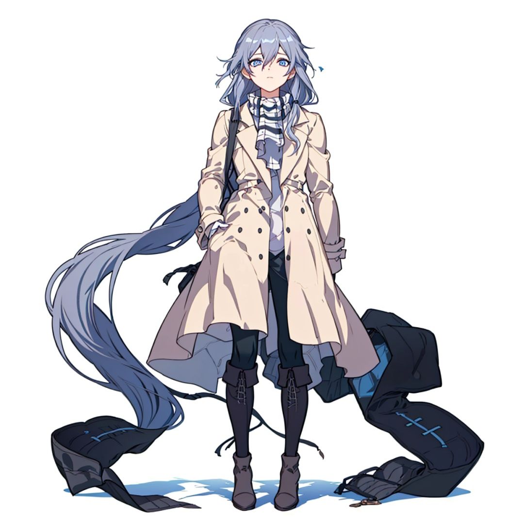 (masterpiece:1.3),(the best quality:1.2),(super fine illustrations:1.2),(Masterpiece),high quality,high detail,(white background:1.2),looking at viewer,(SOLO:1.4),outline,simple background,, coat,jacket,black legwear,hair between eyes,blue eyes,boots,double-breasted,knee boots,low-tied long hair,lace-up boots,black footwear,checkered scarf,grey hair,