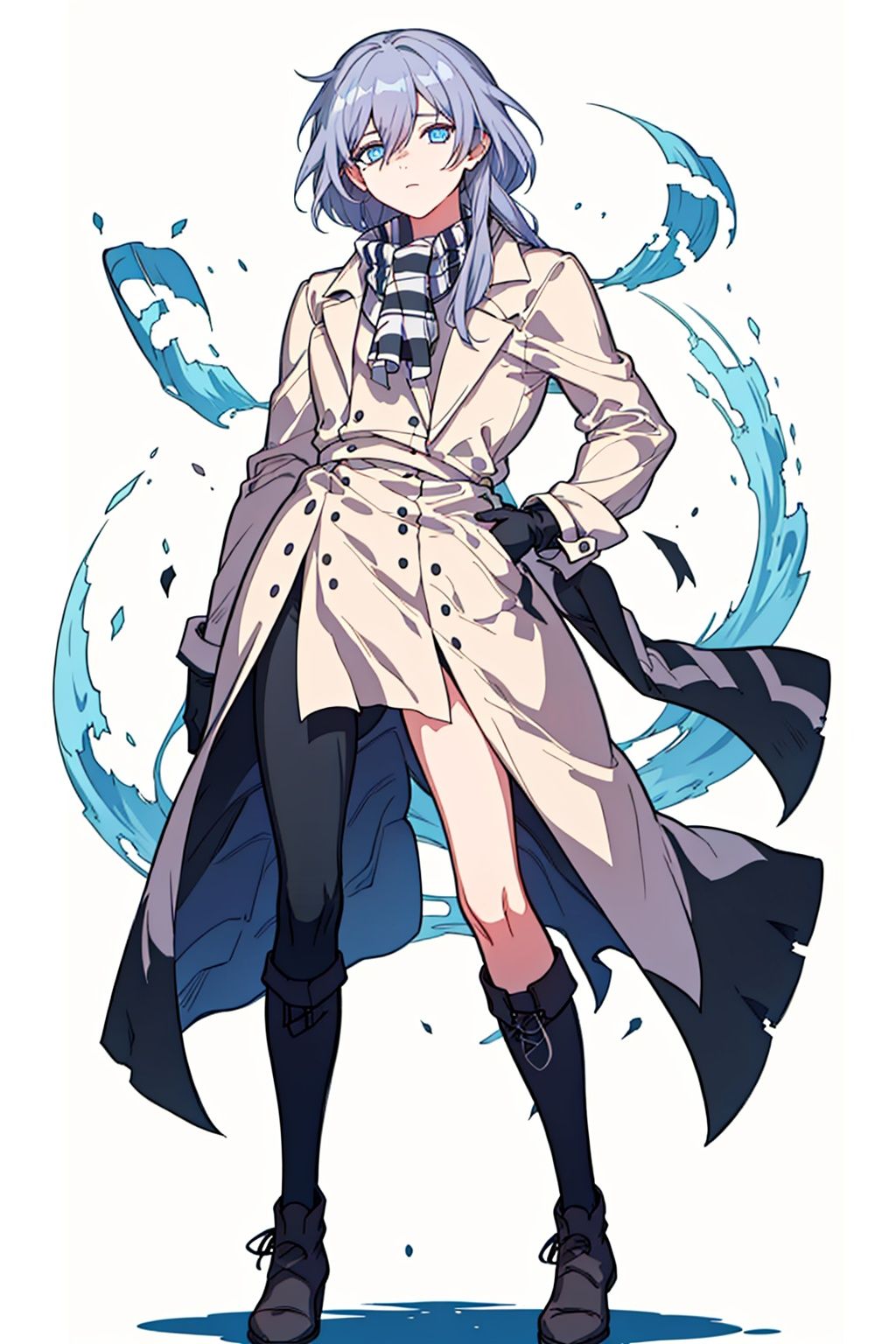 (masterpiece:1.3),(the best quality:1.2),(super fine illustrations:1.2),(Masterpiece),high quality,high detail,(white background:1.2),looking at viewer,(SOLO:1.4),outline,simple background,, coat,jacket,black legwear,hair between eyes,blue eyes,boots,double-breasted,knee boots,low-tied long hair,lace-up boots,black footwear,checkered scarf,grey hair,
