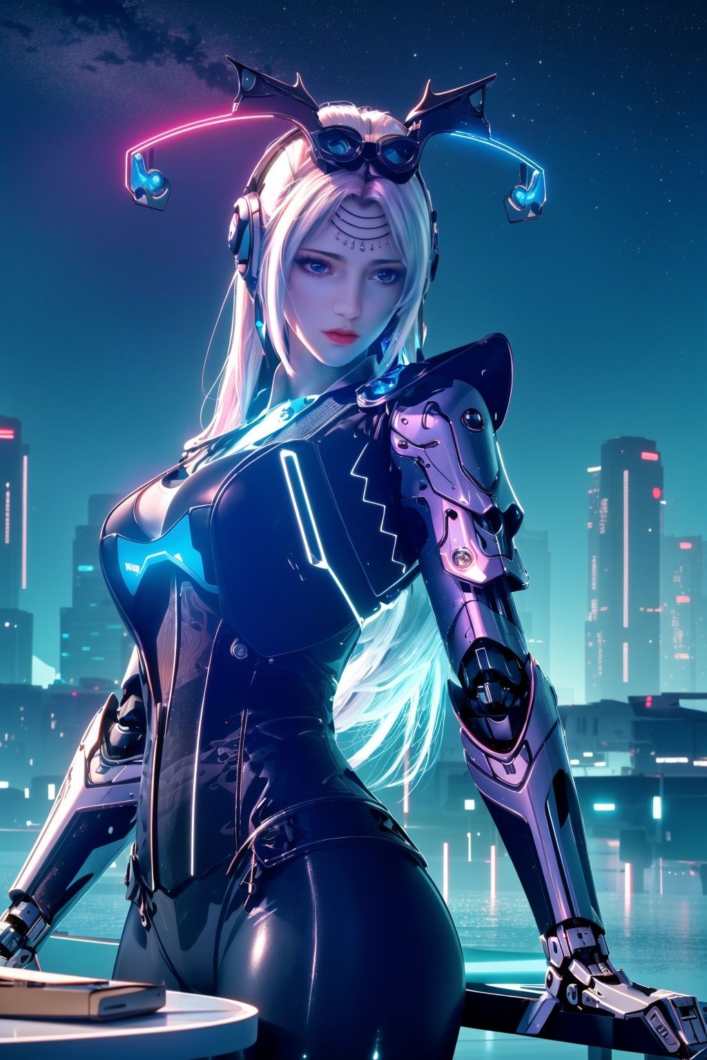 (Masterpiece, Best Picture Quality, Special Effects), Cyberpunk, a high-tech mobile phone with projection function. The phone projects content horizontally on a table, projecting a girl, blue hair, bangs, futuristic style (module),Phone case,xwhd,dark aura,cyber effect, (1girl:1.4),solo,alone,mecha musume,mechanical parts, robot joints,single mechanical arm, headgear, mechanical halo,star halo,intricate mechanical bodysuit, mecha corset, full armor, very long hair,white hair, hair between eyes, multicolored hair, colored inner hair, glowing eye,eye trail, random expressions,random action, pond, starry sky,skyline,Pink Mecha,Cyberworld