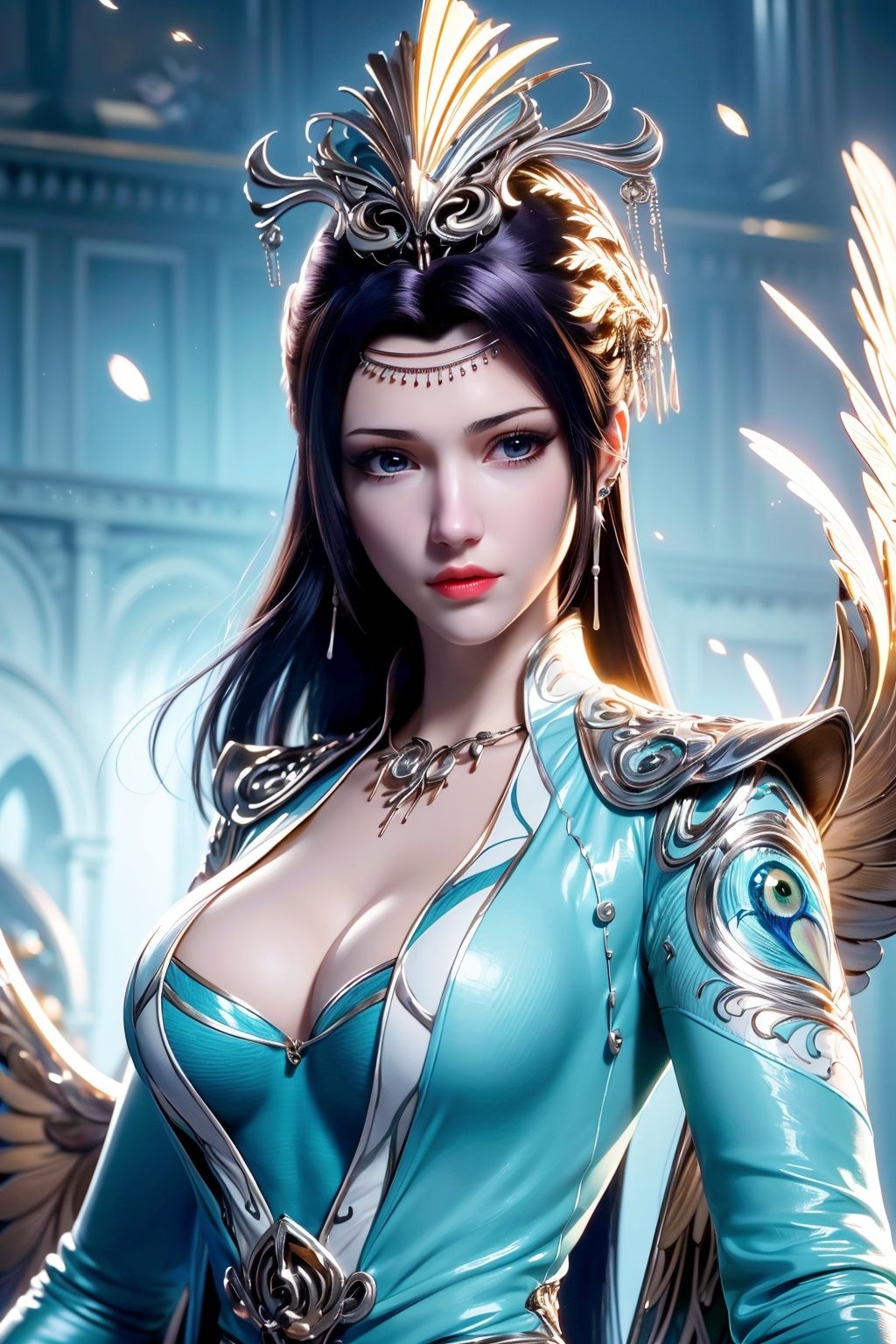 (Hyper Real), (illustration), (high resolution), (8K), (Very detailed), (Best Illustration), (Beautiful detailed eyes), (Best quality), (Super detailed), (Masterpiece), (the wallpaper), (Detailed face), Solo, (Dynamic pose), 1girl,jewelry,wings,dress,crystal,Peacock feathers,1 girl,yuyao,xwhd,(upper body),huliya,dzn-hd,yf-hd,