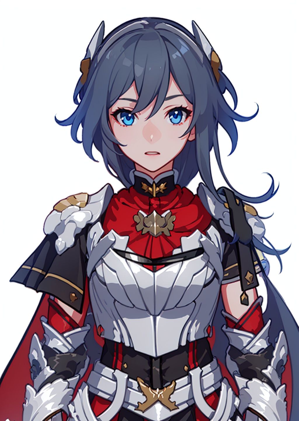 (masterpiece:1.3),(the best quality:1.2),(super fine illustrations:1.2),(Masterpiece),high quality,high detail,(white background:1.2),looking at viewer,(SOLO:1.4),outline,simple background,, pauldrons,thighhighs,breastplate,red cape,red skirt,blue eyes,hair_between_eyes,fu_hua,long hair,shoulder armor,armor,