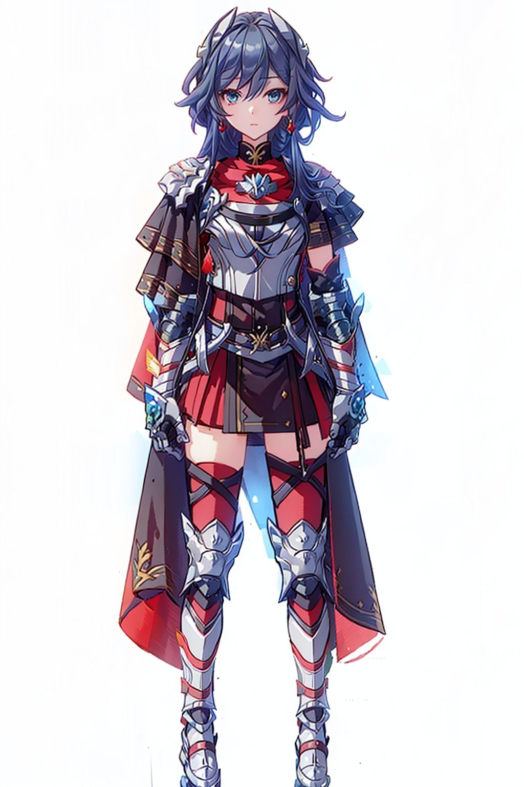 (masterpiece:1.3),(the best quality:1.2),(super fine illustrations:1.2),(Masterpiece),high quality,high detail,(white background:1.2),looking at viewer,(SOLO:1.4),outline,simple background,, pauldrons,thighhighs,breastplate,red cape,red skirt,blue eyes,hair_between_eyes,fu_hua,long hair,shoulder armor,armor,