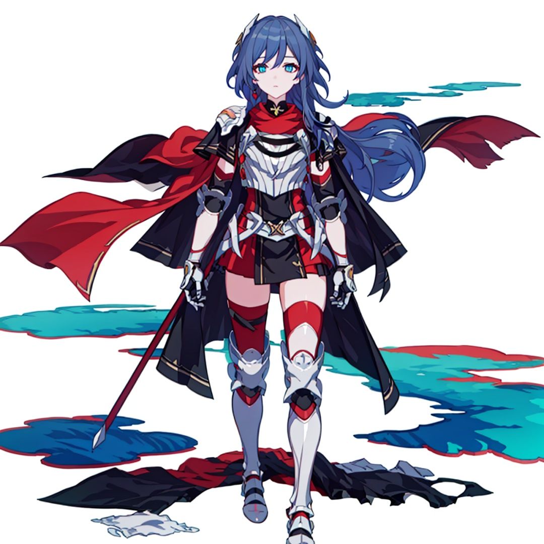 (masterpiece:1.3),(the best quality:1.2),(super fine illustrations:1.2),(Masterpiece),high quality,high detail,(white background:1.2),looking at viewer,(SOLO:1.4),outline,simple background,, pauldrons,thighhighs,breastplate,red cape,red skirt,blue eyes,hair_between_eyes,fu_hua,long hair,shoulder armor,armor,