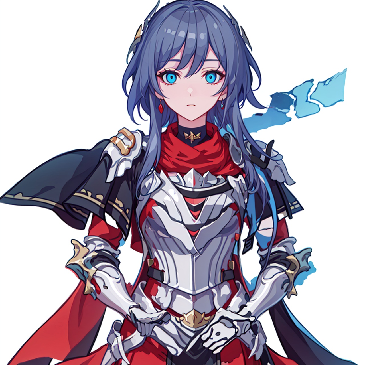  (masterpiece:1.3),(the best quality:1.2),(super fine illustrations:1.2),(Masterpiece),high quality,high detail,(white background:1.2),looking at viewer,(SOLO:1.4),outline,simple background,, pauldrons,thighhighs,breastplate,red cape,red skirt,blue eyes,hair_between_eyes,fu_hua,long hair,shoulder armor,armor,