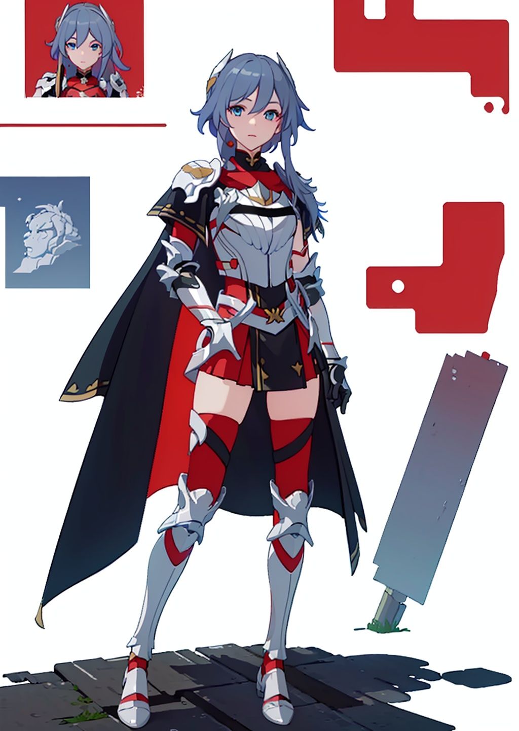 (masterpiece:1.3),(the best quality:1.2),(super fine illustrations:1.2),(Masterpiece),high quality,high detail,(white background:1.2),looking at viewer,(SOLO:1.4),outline,simple background,, pauldrons,thighhighs,breastplate,red cape,red skirt,blue eyes,hair_between_eyes,fu_hua,long hair,shoulder armor,armor,