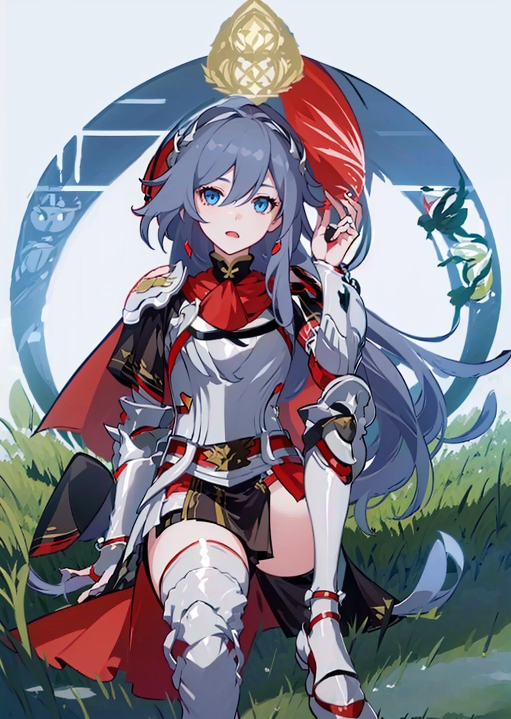 (masterpiece:1.3),(the best quality:1.2),(super fine illustrations:1.2),(Masterpiece),high quality,high detail,(white background:1.2),looking at viewer,(SOLO:1.4),outline,simple background,, pauldrons,thighhighs,breastplate,red cape,red skirt,blue eyes,hair_between_eyes,fu_hua,long hair,shoulder armor,armor,