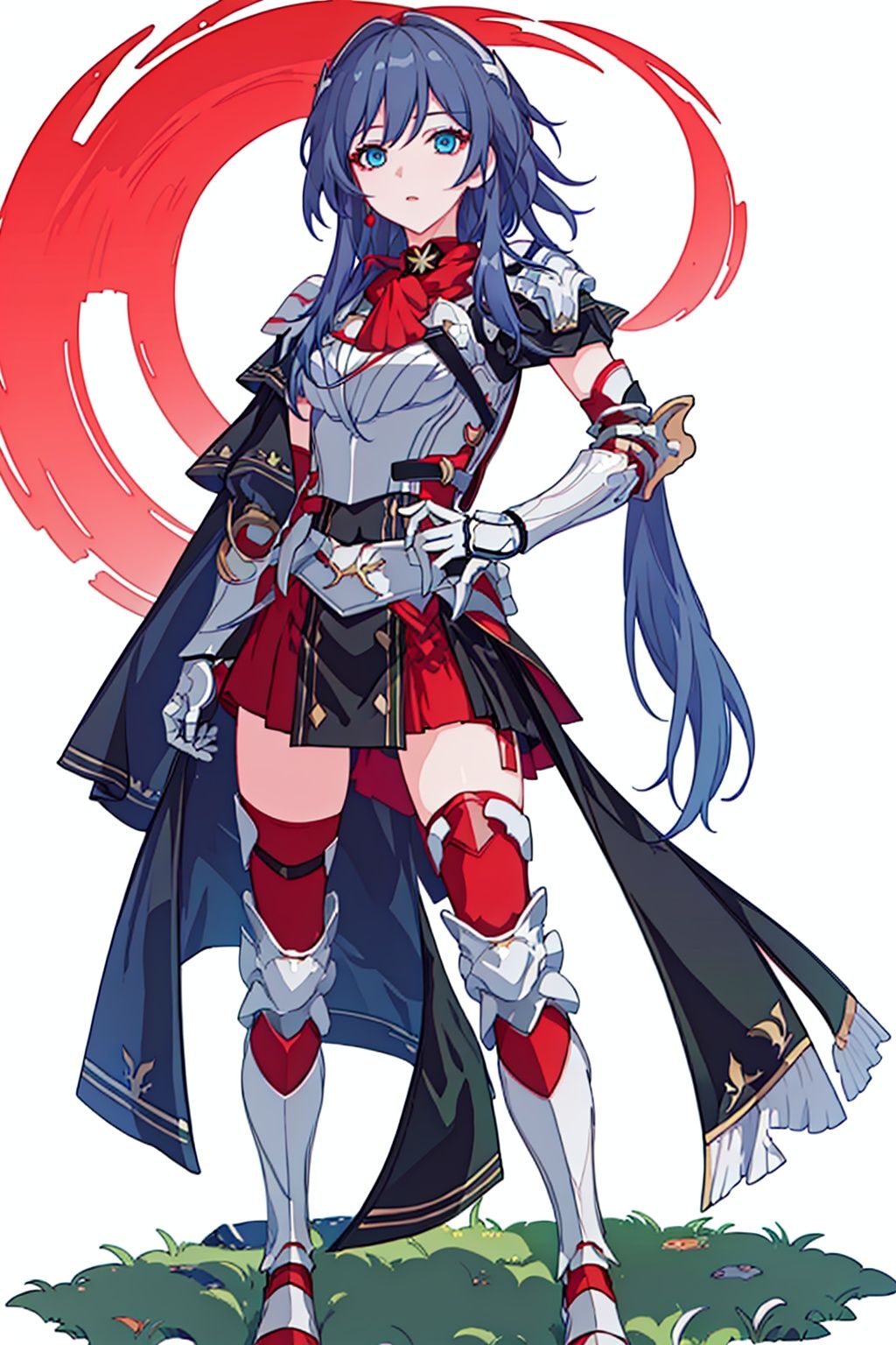 (masterpiece:1.3),(the best quality:1.2),(super fine illustrations:1.2),(Masterpiece),high quality,high detail,(white background:1.2),looking at viewer,(SOLO:1.4),outline,simple background,, pauldrons,thighhighs,breastplate,red cape,red skirt,blue eyes,hair_between_eyes,fu_hua,long hair,shoulder armor,armor,