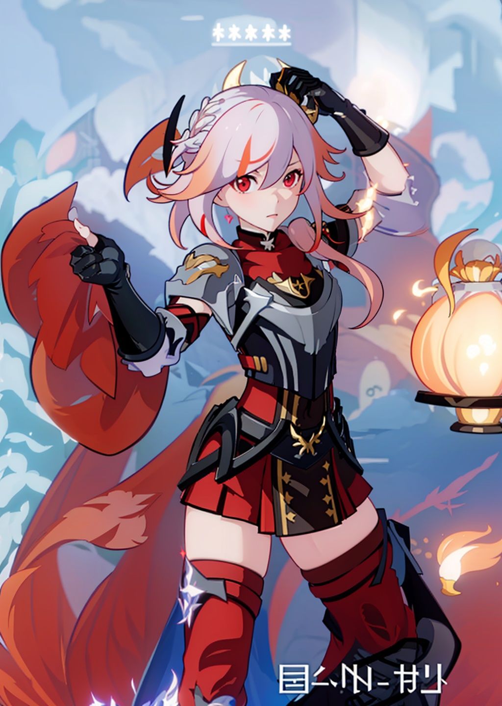 (masterpiece:1.3),(the best quality:1.2),(super fine illustrations:1.2),(Masterpiece),high quality,high detail,(white background:1.2),looking at viewer,(SOLO:1.4),outline,simple background,, , red skirt,skirt,white hair,pink hair,shoulder armor,hair ornament,armor,thighhighs,streaked hair,red hair,multicolored hair,red eyes,fu_hua,hair_between_eyes,solo,