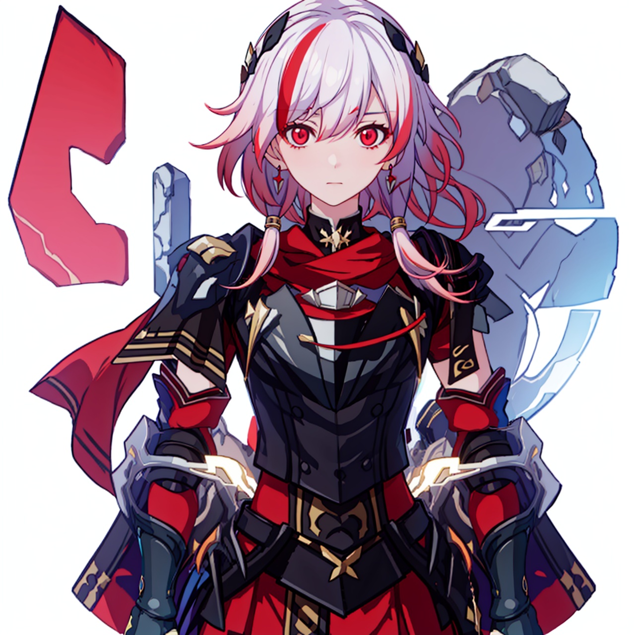  (masterpiece:1.3),(the best quality:1.2),(super fine illustrations:1.2),(Masterpiece),high quality,high detail,(white background:1.2),looking at viewer,(SOLO:1.4),outline,simple background,, , red skirt,skirt,white hair,pink hair,shoulder armor,hair ornament,armor,thighhighs,streaked hair,red hair,multicolored hair,red eyes,fu_hua,hair_between_eyes,solo,