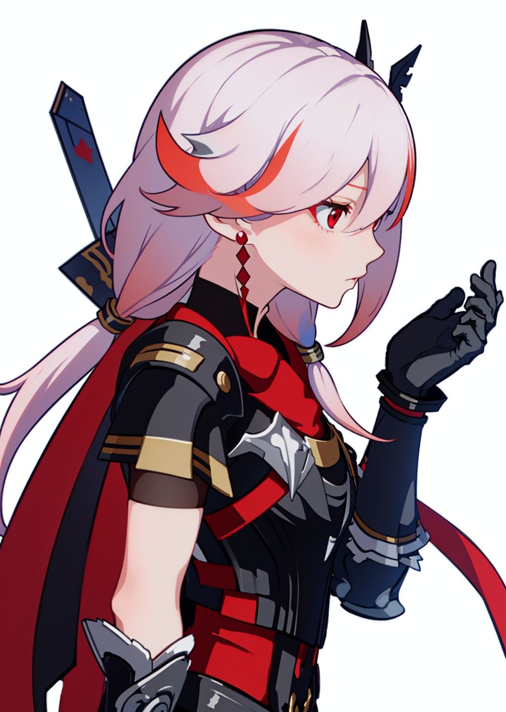 (masterpiece:1.3),(the best quality:1.2),(super fine illustrations:1.2),(Masterpiece),high quality,high detail,(white background:1.2),looking at viewer,(SOLO:1.4),outline,simple background,, , red skirt,skirt,white hair,pink hair,shoulder armor,hair ornament,armor,thighhighs,streaked hair,red hair,multicolored hair,red eyes,fu_hua,hair_between_eyes,solo,