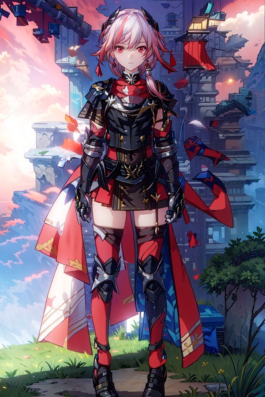 (masterpiece:1.3),(the best quality:1.2),(super fine illustrations:1.2),(Masterpiece),high quality,high detail,(white background:1.2),looking at viewer,(SOLO:1.4),outline,simple background,, , red skirt,skirt,white hair,pink hair,shoulder armor,hair ornament,armor,thighhighs,streaked hair,red hair,multicolored hair,red eyes,fu_hua,hair_between_eyes,solo,
