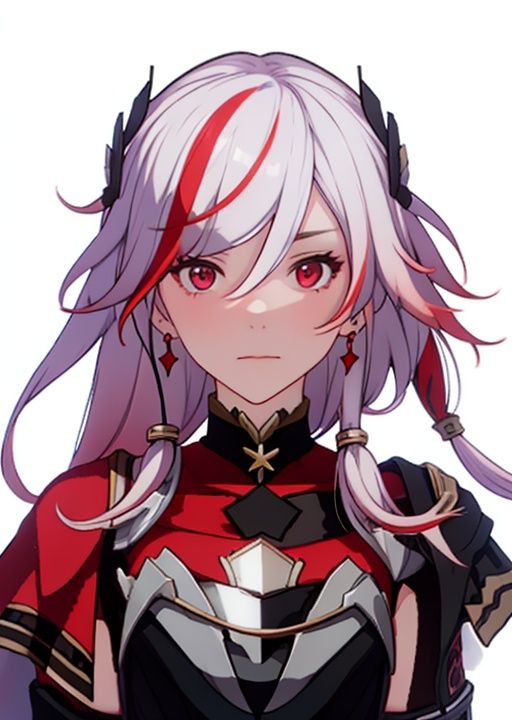 (masterpiece:1.3),(the best quality:1.2),(super fine illustrations:1.2),(Masterpiece),high quality,high detail,(white background:1.2),looking at viewer,(SOLO:1.4),outline,simple background,<lora:黑骑士2.0:0.8>, red skirt,skirt,white hair,pink hair,shoulder armor,hair ornament,armor,thighhighs,streaked hair,red hair,multicolored hair,red eyes,fu_hua,hair_between_eyes,solo,