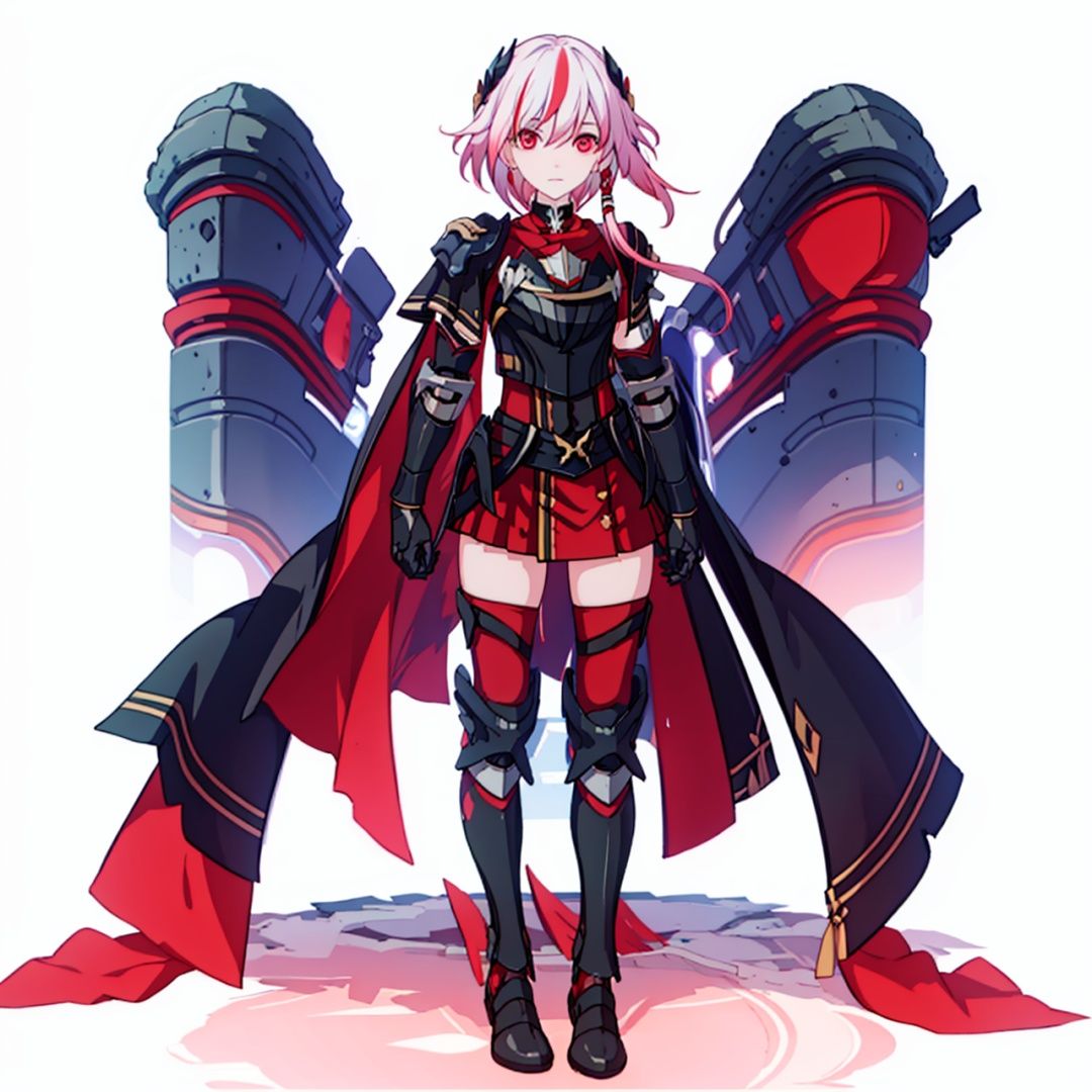 (masterpiece:1.3),(the best quality:1.2),(super fine illustrations:1.2),(Masterpiece),high quality,high detail,(white background:1.2),looking at viewer,(SOLO:1.4),outline,simple background,, , red skirt,skirt,white hair,pink hair,shoulder armor,hair ornament,armor,thighhighs,streaked hair,red hair,multicolored hair,red eyes,fu_hua,hair_between_eyes,solo,