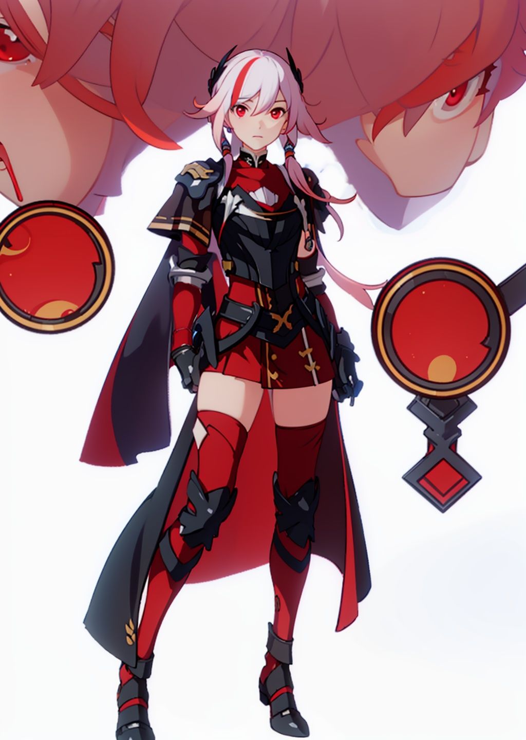 (masterpiece:1.3),(the best quality:1.2),(super fine illustrations:1.2),(Masterpiece),high quality,high detail,(white background:1.2),looking at viewer,(SOLO:1.4),outline,simple background,, , red skirt,skirt,white hair,pink hair,shoulder armor,hair ornament,armor,thighhighs,streaked hair,red hair,multicolored hair,red eyes,fu_hua,hair_between_eyes,solo,