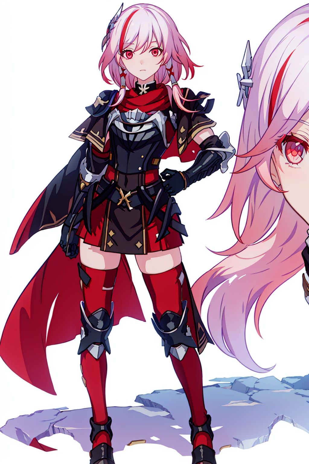 (masterpiece:1.3),(the best quality:1.2),(super fine illustrations:1.2),(Masterpiece),high quality,high detail,(white background:1.2),looking at viewer,(SOLO:1.4),outline,simple background,, , red skirt,skirt,white hair,pink hair,shoulder armor,hair ornament,armor,thighhighs,streaked hair,red hair,multicolored hair,red eyes,fu_hua,hair_between_eyes,solo,