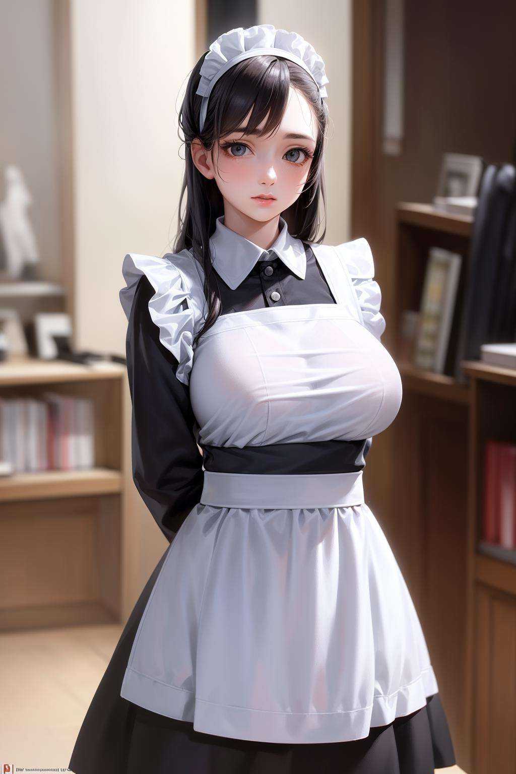 (ultra high res,photorealistic,realistic,best quality,photo-realistic), (8k, raw photo, best quality, masterpiece), (photon mapping, radiosity, physically-based rendering,automatic white balance), technological sense, best quality, masterpiece, illustration,CG ,unity ,wallpaper, official art, Amazing, finely detail, an extremely delicate and beautiful,extremely detailed, highly detailed, sharp focus,rich background,blurry background, (real person,photograph), vibrant details,  beautiful studio soft light,  narrow waist, slim girl,16 years old,young girlstudy room, bright, many bookshelves, many books(((high detailed skin,visible pores))),light smile, looking at viewer, arms behind back,  ((Big eyes,perfect eyes,watery eyes)), ((black hair,long hair, )), (big breasts), <lora:ClothMaid1:0.8>traditional maid