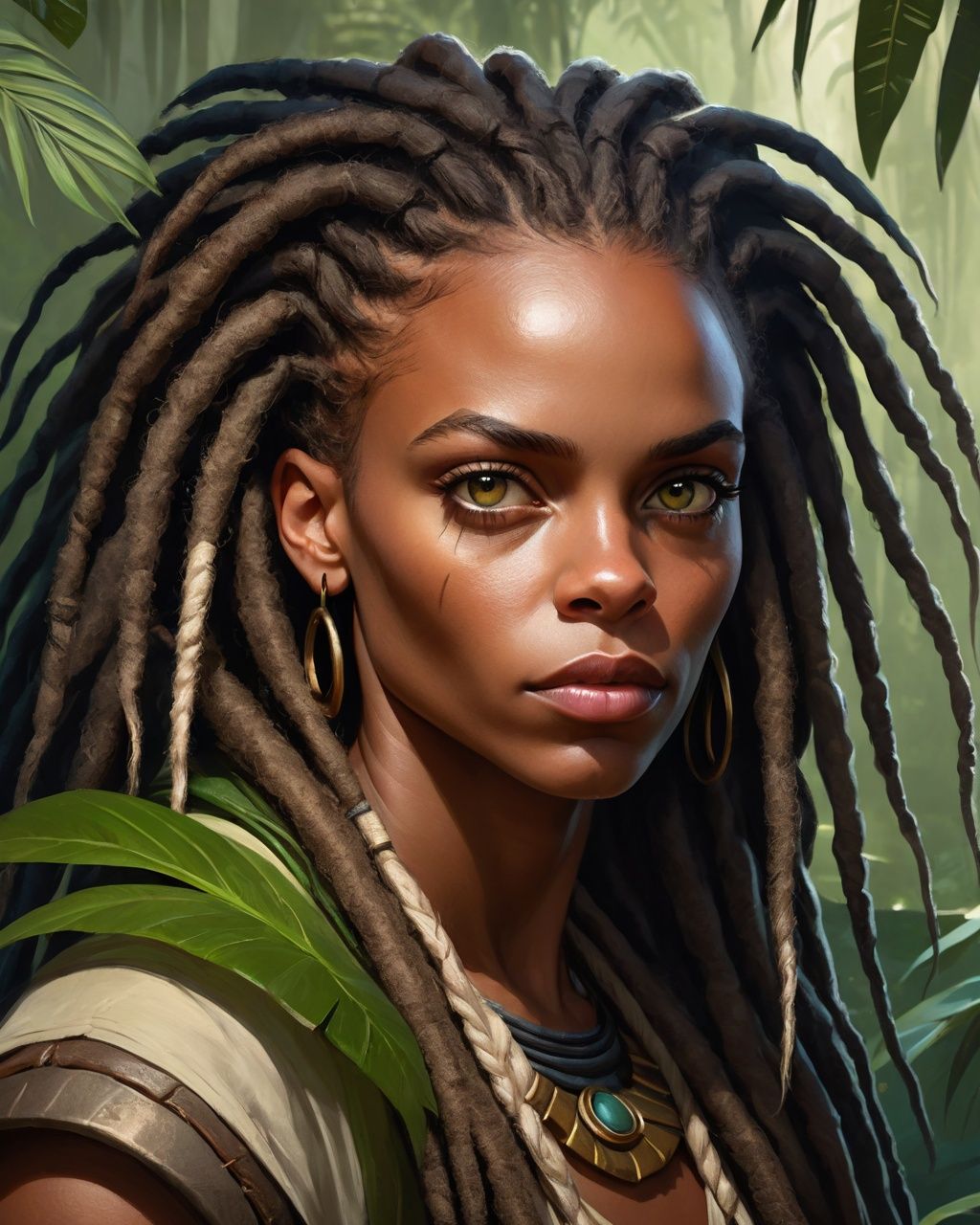 a close up of a woman with dreadlocks in a jungle,  character concept art portrait,  fantasy concept art portrait on Tenso...