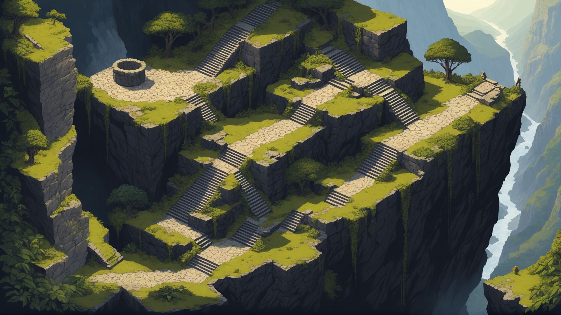 true isometric top down perscpetive D&D battle map,  dark fantasy,  jungle trail mountain pass with a cliff on the ast sid...
