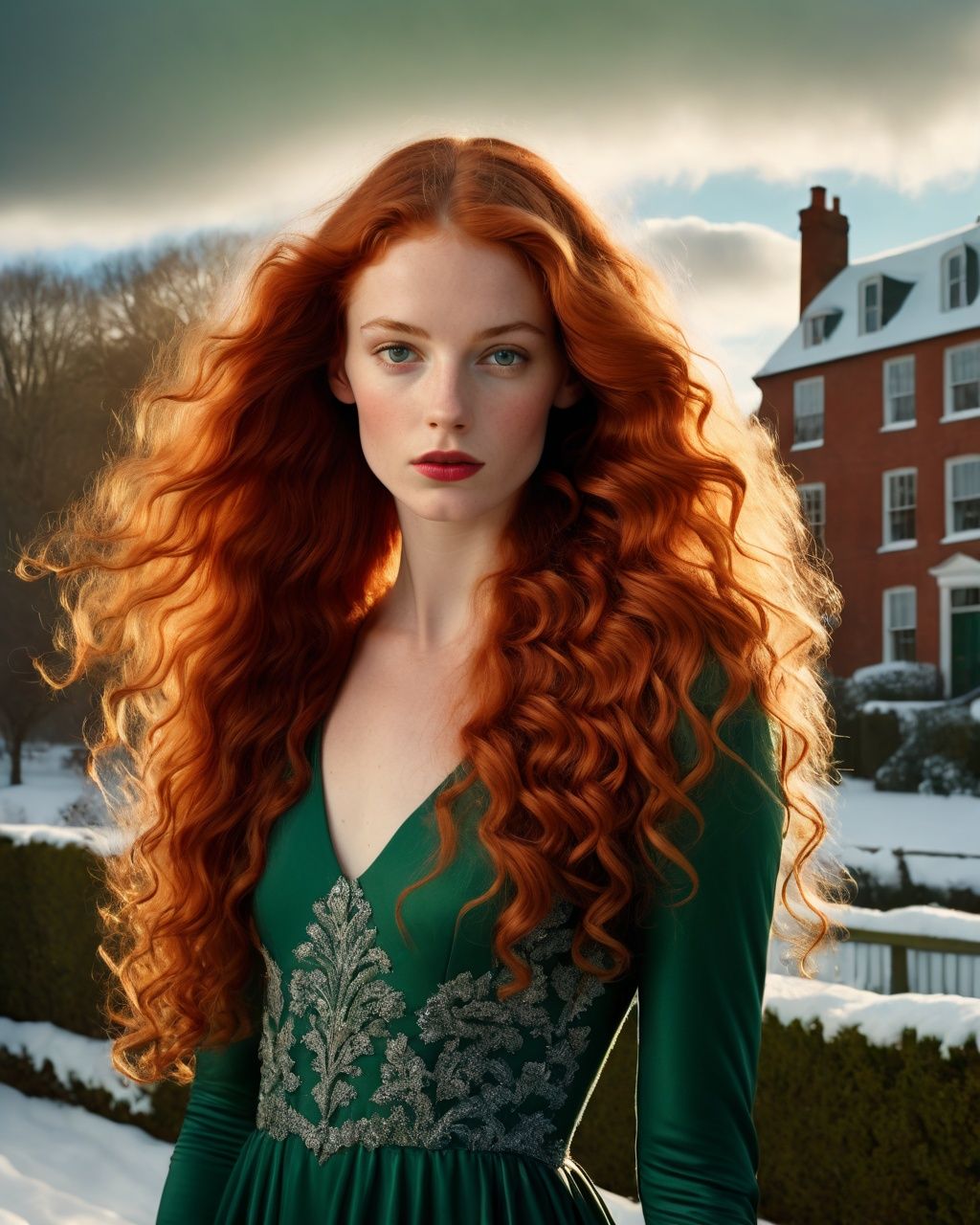 beautiful 23-year-old woman with very long red wavy hair,  elegant dress,  photo by David LaChapelle on Tensor.Art
