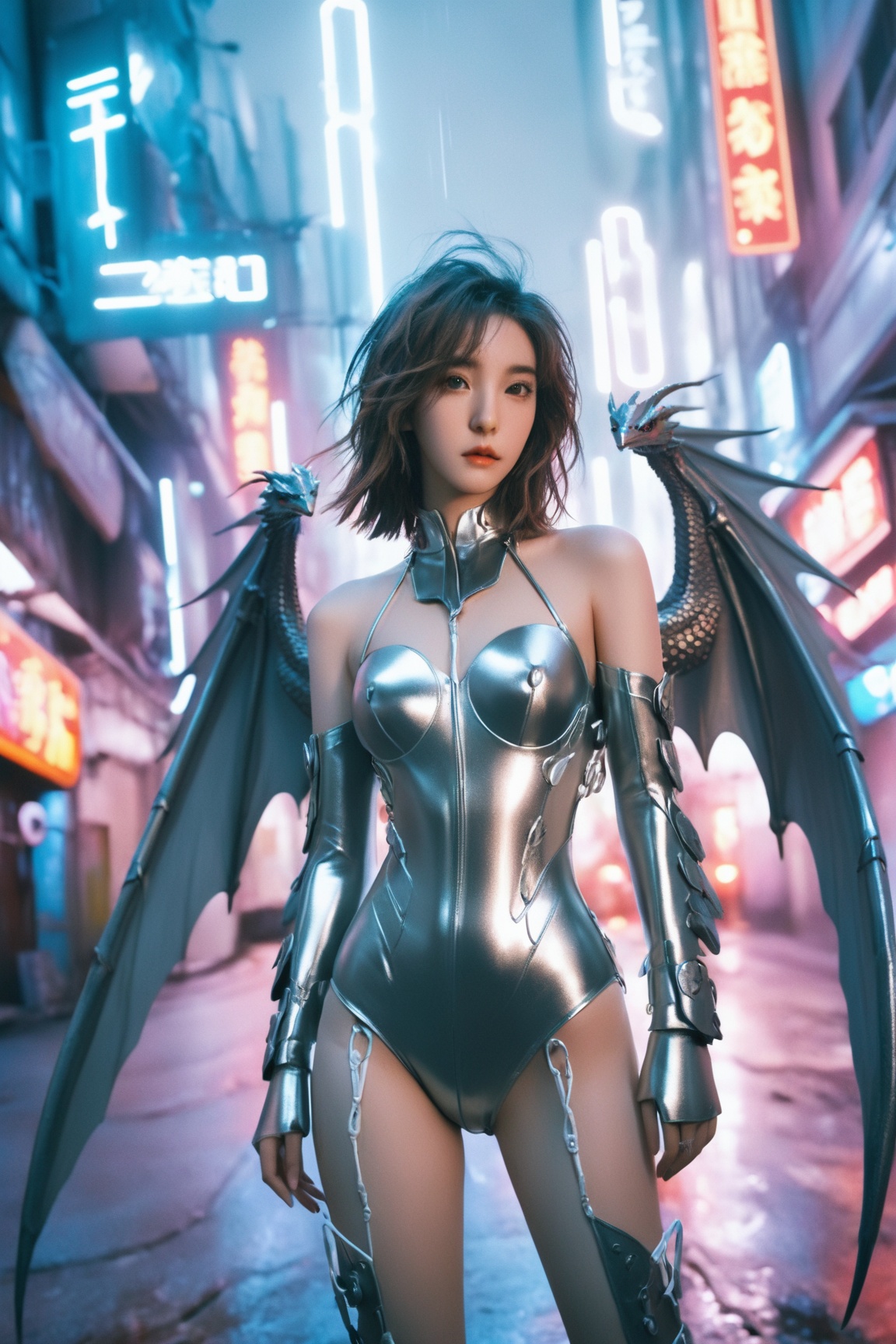  {{master piece}},best quality,illustration,1girl,small breast,beatiful detailed eyes,beatiful detailed cyberpunk city,flat_chest,beatiful detailed hair,wavy hair,beatiful detailed steet,mecha clothes,robot girl,cool movement,sliver bodysuit,{filigree},dargon wings,colorful background,a dragon  stands behind the girl,rainy days,{lightning effect},beatiful detailed sliver dragon arnour,（cold face）