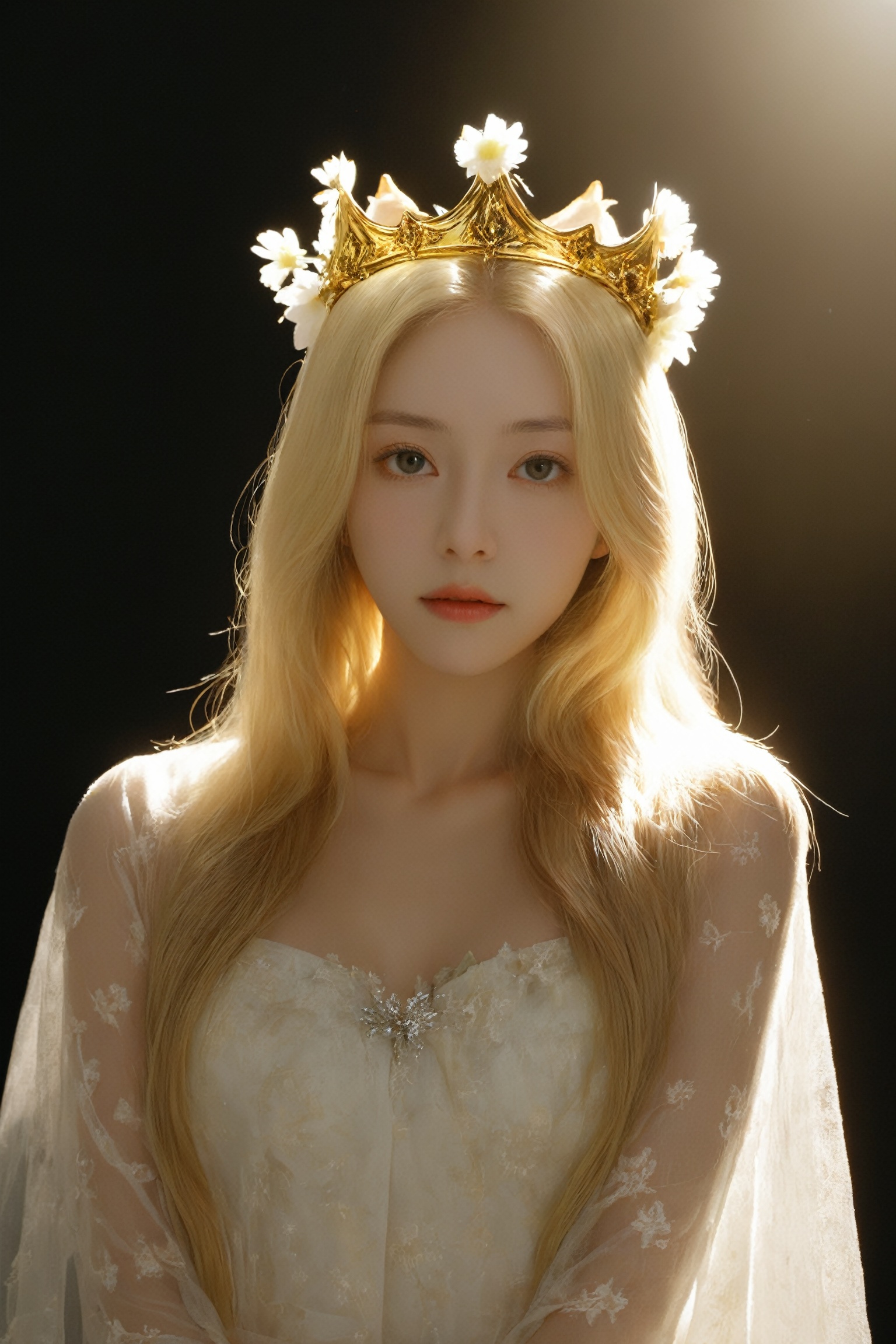  black background, long hair, solo, parted lips, crown, lips, flower, 1girl, upper body, blonde hair, dress, looking at viewer
, monkren, sunlight, Fairy