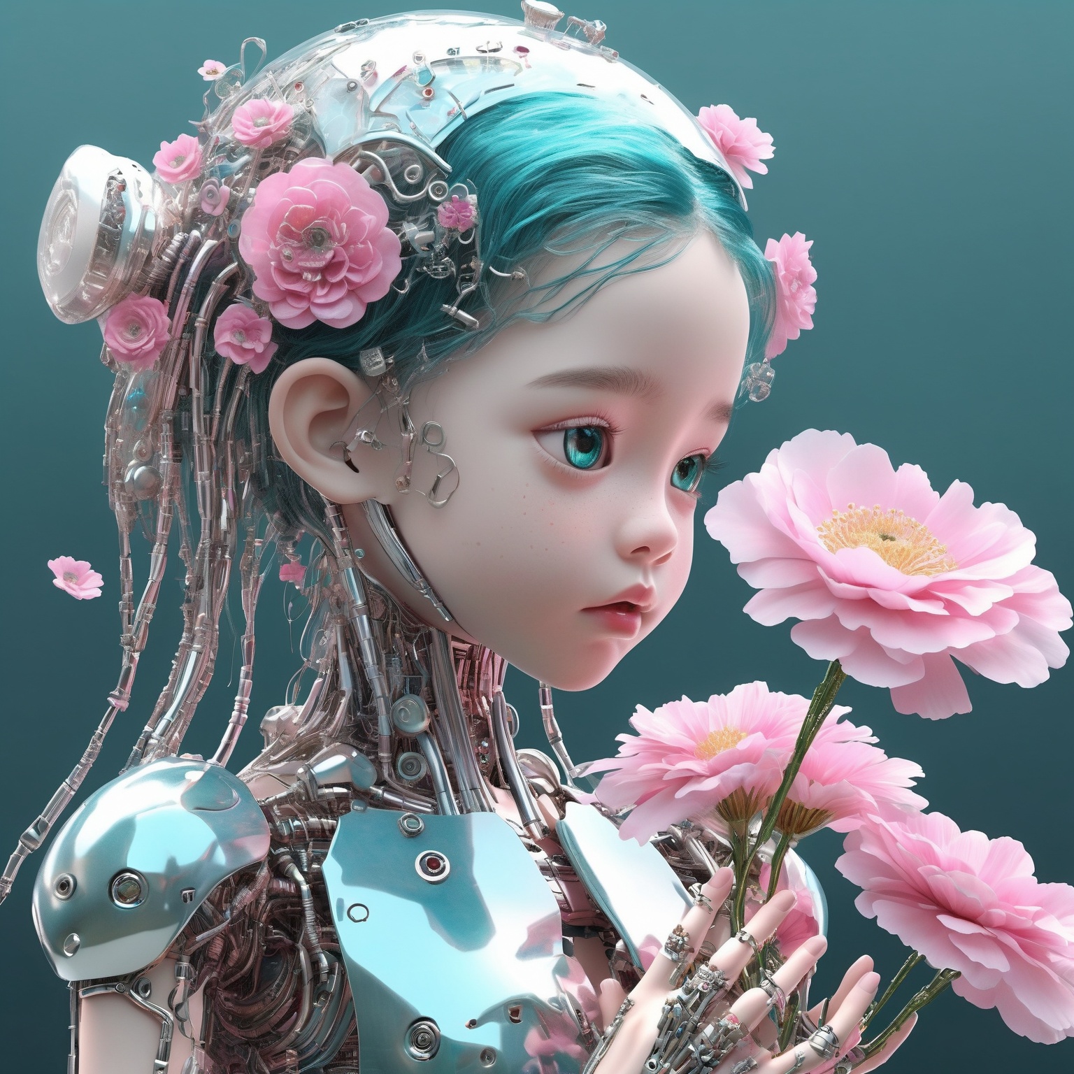  figure of biomechanical cyborg little girl made of glass was (picking a flower by hands), transparent, see-through intricated interal mechanical metal part, metal array, hi-tech, sci-fi, difficult, chip, circuit, post-production, elegan, teal and pearl white, ((She was picking pink flowers)) ,flower garden, outdoor,high_res,cyborg style, 
