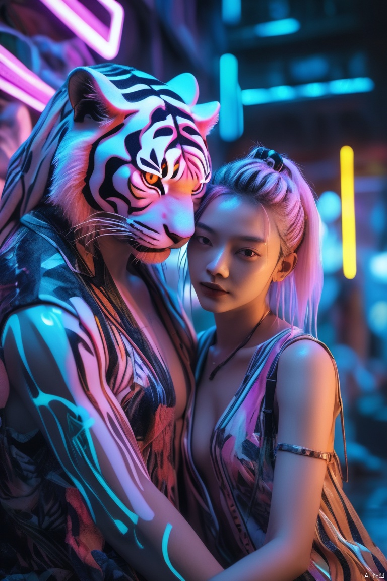  A photo of an (Albino woman:1.1), embracing a (majestic Bengal tiger:1.3) with mutual affection, both featuring cybernetic enhancements, neon-striped fur, tiger's glowing eyes, woman and tiger resting on a (futuristic metal ledge:1.2), overlooking a (dystopian cyberpunk cityscape:1.1) with holographic billboards, woman's tongue playfully out, immersed in a cyber-augmented reality, high-tech animal, surrounded by a (muted jungle ambiance:1.1) and synthetic atmosphere, captured with a Nikon Z9, 1/250s, f/6.3, ISO 640, showcasing vivid colors, under the theme of cybernetic wildlife concept, UHD clarity, in RAW format.