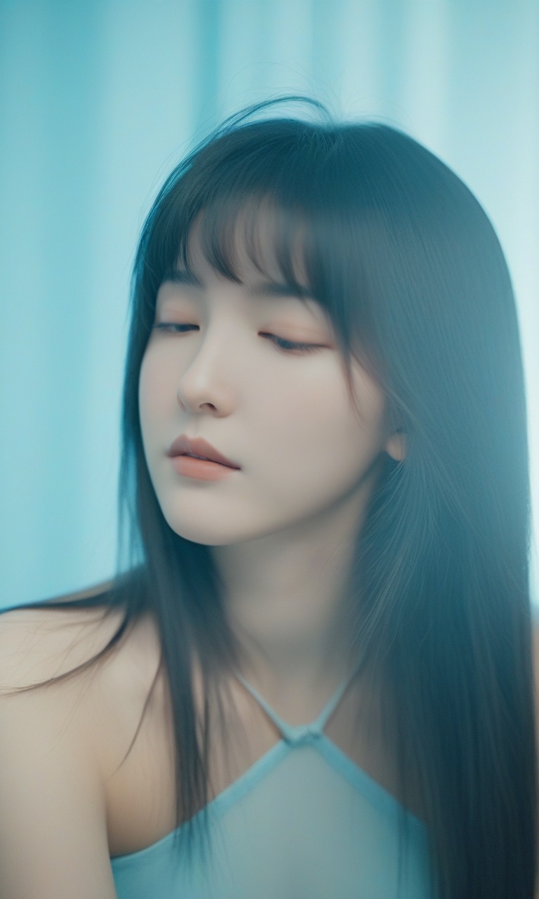  cinematic film still 1girl,closed eyes,light blue,Straight hair,long hair,light cream,upper body,light simple background,looking at viewer,blunt bangs,, . shallow depth of field, vignette, highly detailed, high budget, bokeh, cinemascope, moody, epic, gorgeous, film grain, grainy,monkren