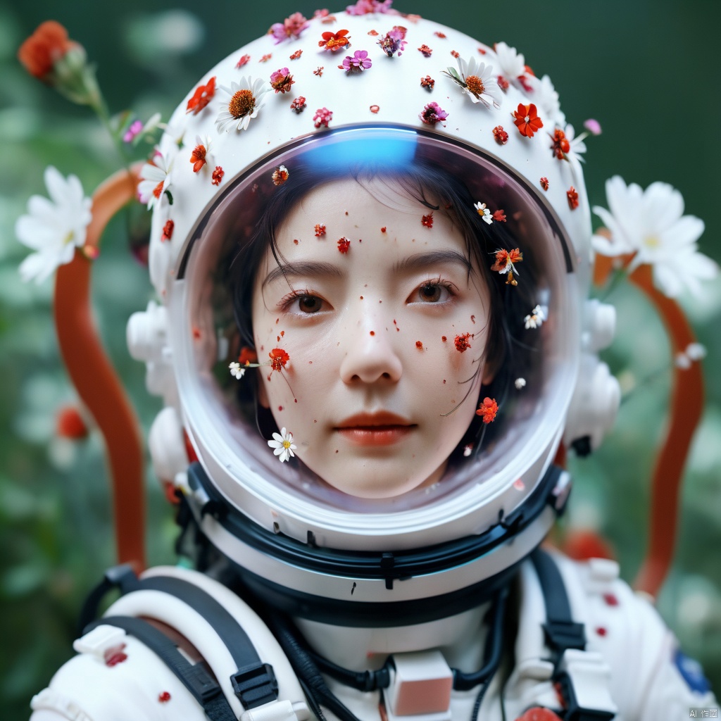  cinematic photo, perfectly centered girl portrait detailed astronaut with flowers explosion helmets,anatomical drawing,dripping paint,coquelicot color,volumetric lighting,unreal engine,blender model,3d model,incredible bokeh . 35mm photograph,film,bokeh,professional,4k,highly detailed,