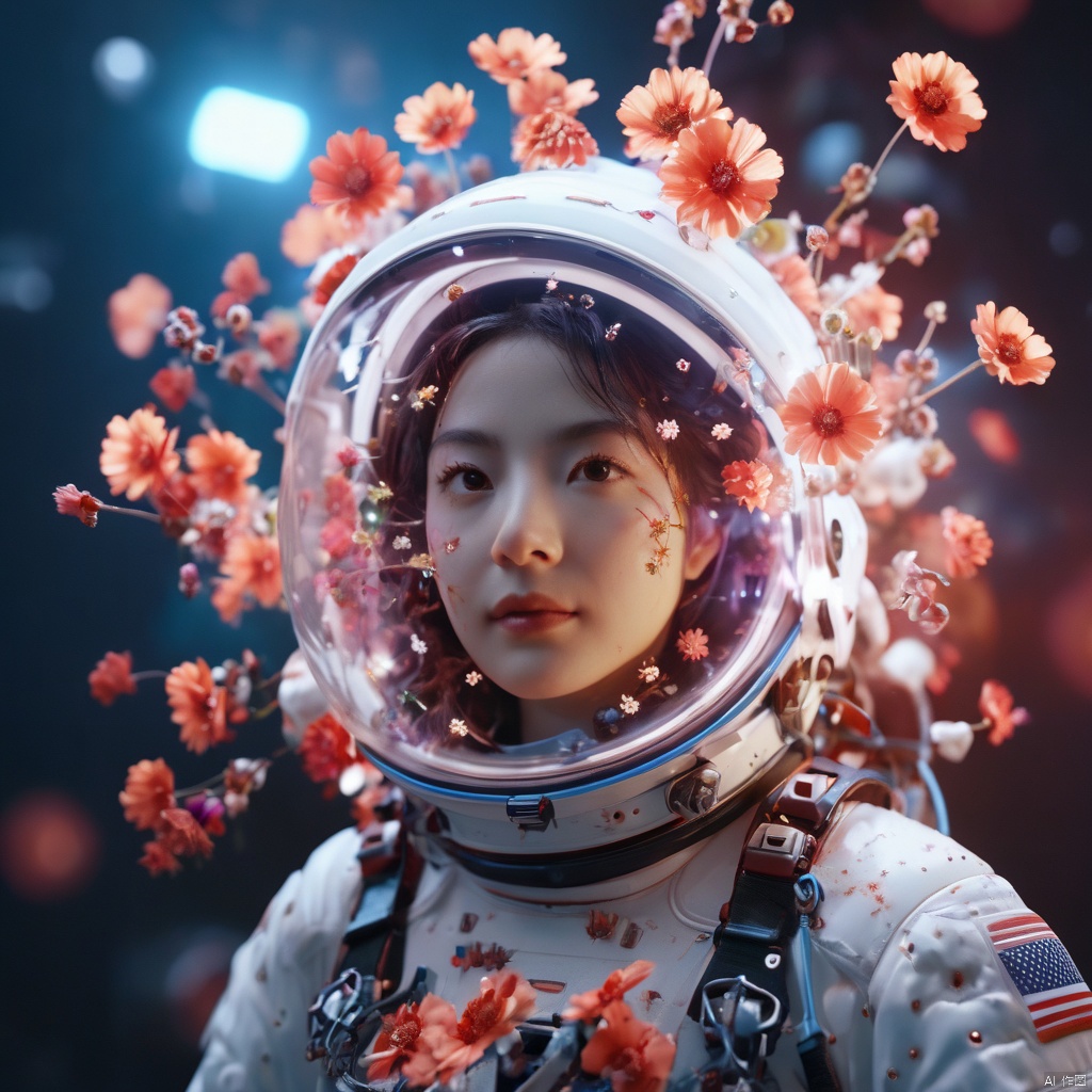  cinematic photo, perfectly centered girl portrait detailed astronaut with flowers explosion helmets,anatomical drawing,dripping paint,coquelicot color,volumetric lighting,unreal engine,blender model,3d model,incredible bokeh . 35mm photograph,film,bokeh,professional,4k,highly detailed,