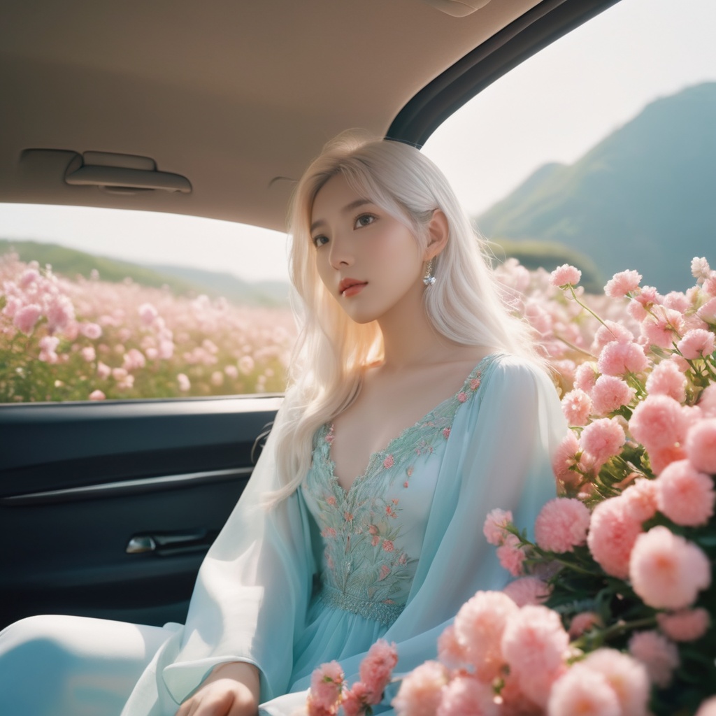  ethereal fantasy concept art of cinematic film still, chinese girl, a girl with white hair sitting in car filled with flowers, art by Rinko Kawauchi, in the style of naturalistic poses, vacation dadcore, youth fulenergy, a cool expression, body extensions, flowersin the sky, ****og film, super detail, dreamy lofi photography, colourful, covered in flowers andvines, Inside view, shot on fujifilm XT4 . shallow depth of field, vignette, highly detailed, high budget, bokeh, cinemascope, moody, epic, gorgeous, film grain, grainy . magnificent, celestial, ethereal, painterly, epic, majestic, magical, fantasy art, cover art, dreamy
,monkren, sunlight