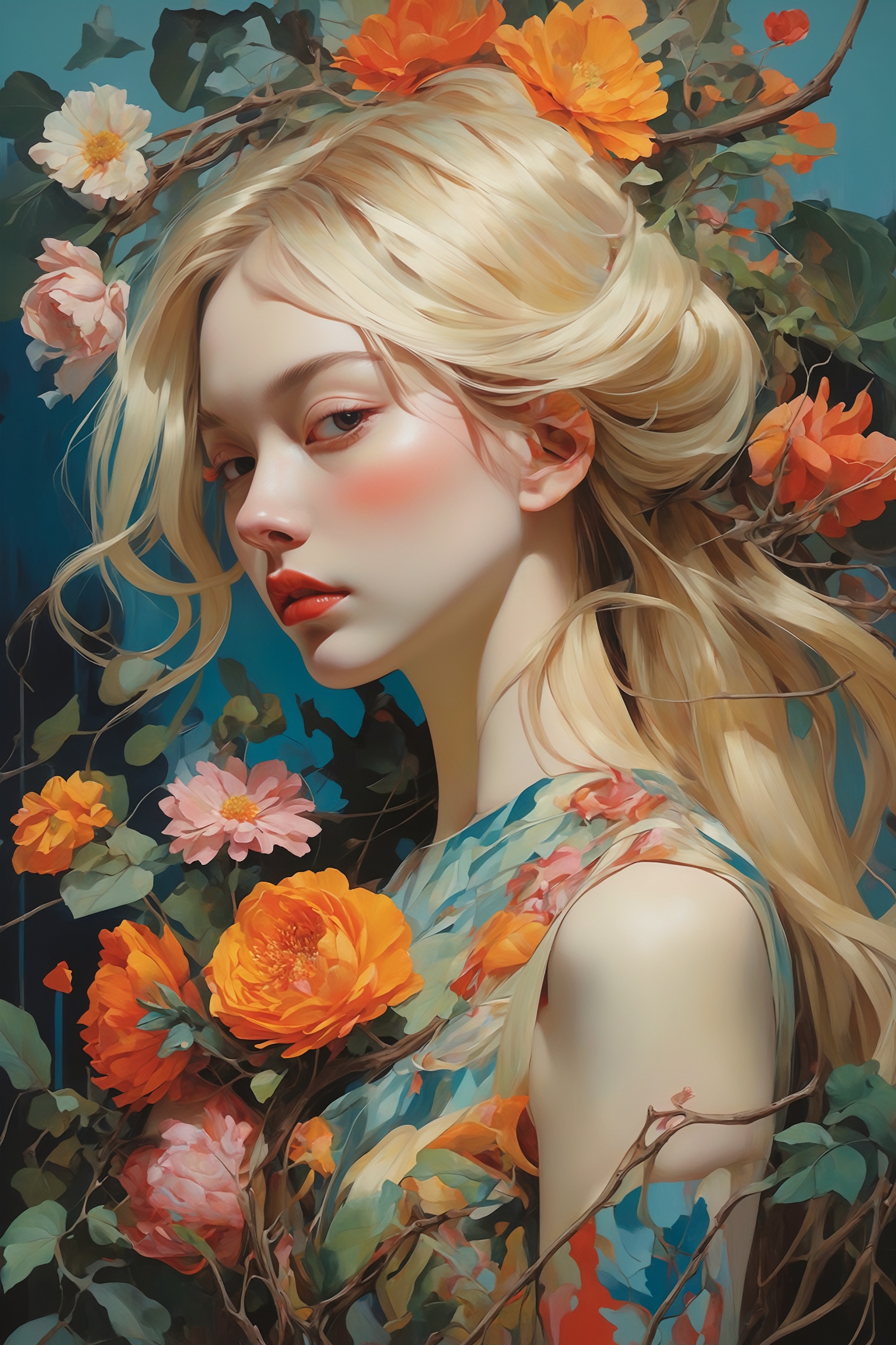  portrait of the most beautiful form of chaos,,long blonde hair,elegant,a brutalist designed,vivid colours,romanticism,by james jean,roby dwi antono,ross tran,francis bacon,michal mraz,adrian ghenie,petra cortright,gerhard richter,takato yamamoto,ashley wood,an evil girl wearing intricate dead details flowers,intricate flowers as dress,((decay and spooky)),plants and branches,atmospheric,trending on artstation. 8 k masterpiece,full body,torn pantyhose,,pumps,