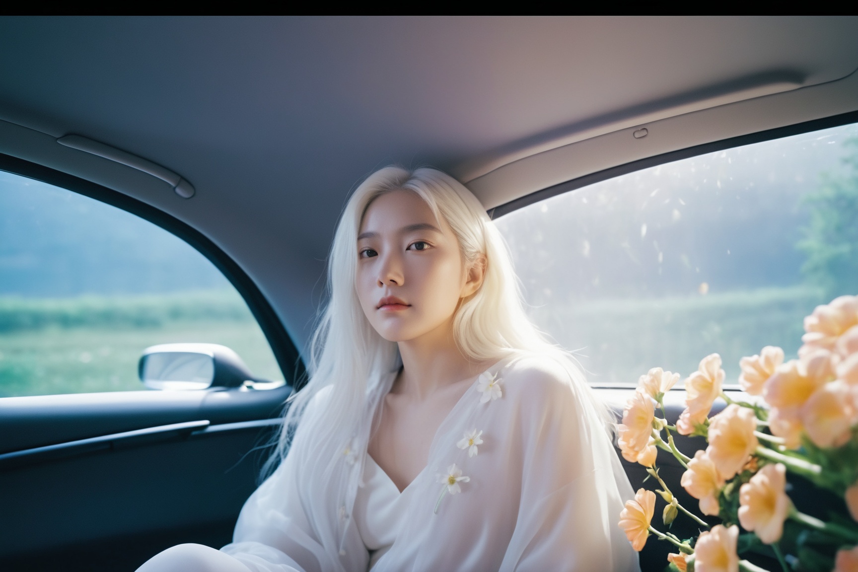  breathtaking ethereal fantasy concept art of cinematic film still,chinese girl,a girl with white hair sitting in car filled with flowers,art by Rinko Kawauchi,in the style of naturalistic poses,vacation dadcore,youth fulenergy,a cool expression,body extensions,flowersin the sky,****og film,super detail,dreamy lofi photography,colourful,covered in flowers andvines,Inside view,shot on fujifilm XT4 . shallow depth of field,vignette,highly detailed,high budget,bokeh,cinemascope,moody,epic,gorgeous,film grain,grainy . magnificent,celestial,ethereal,painterly,epic,majestic,magical,fantasy art,cover art,dreamy,monkren, . award-winning, professional, highly detailed, light master, monkren, sunlight