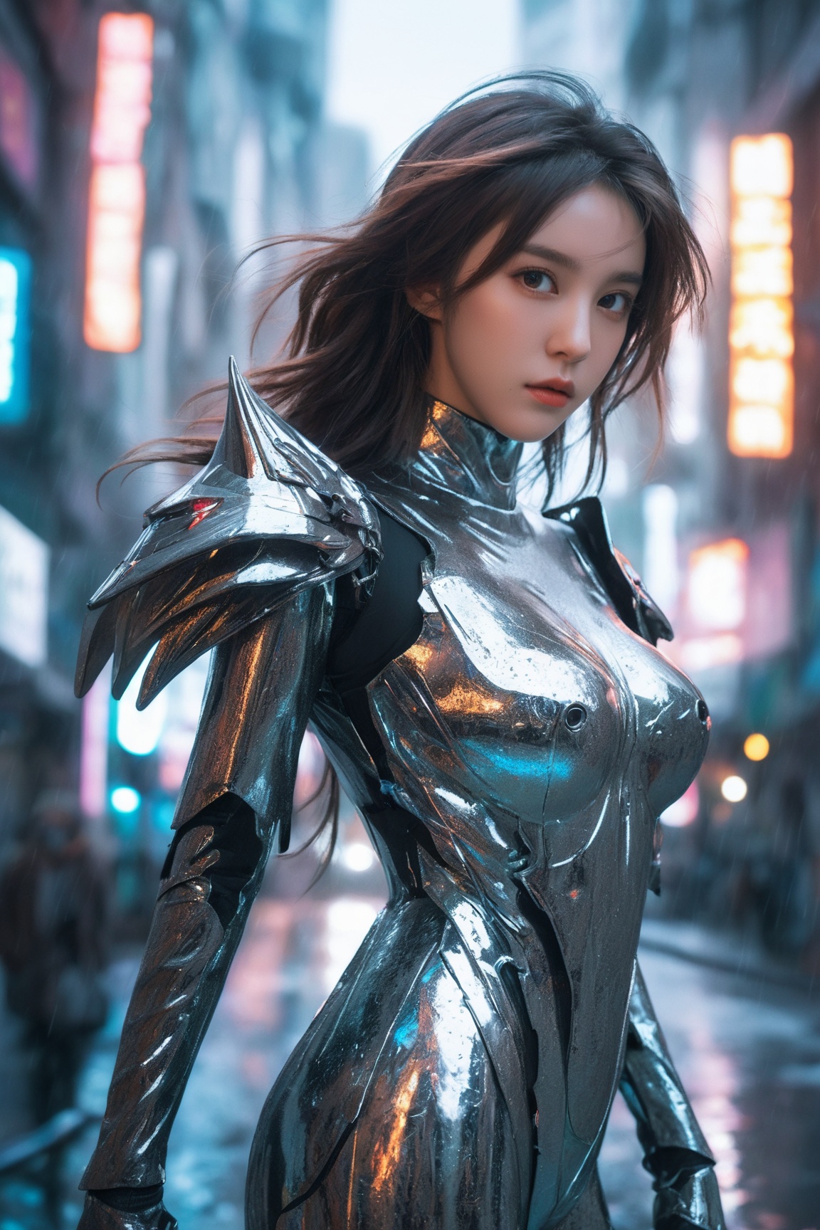  {{master piece}},best quality,illustration,1girl,small breast,beatiful detailed eyes,beatiful detailed cyberpunk city,flat_chest,beatiful detailed hair,wavy hair,beatiful detailed steet,mecha clothes,robot girl,cool movement,sliver bodysuit,{filigree},dargon wings,colorful background,a dragon  stands behind the girl,rainy days,{lightning effect},beatiful detailed sliver dragon arnour,（cold face）