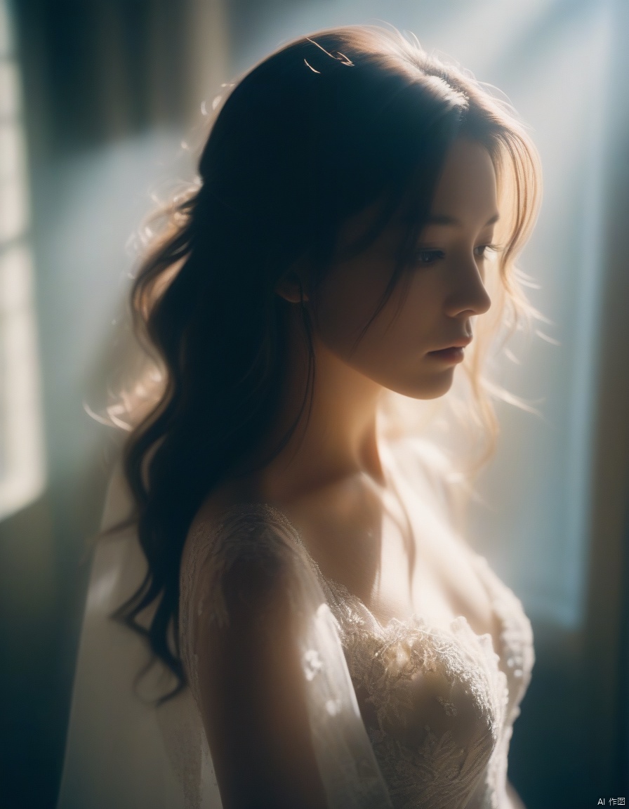  a girl close up,tyndall effect,wedding dress,foggy,dark shadow photography,surreal dramatic lighting shadow (lofi, analog),kodak film by Brandon Woelfel Ryan McGinley,
, xxmixgirl, sunlight