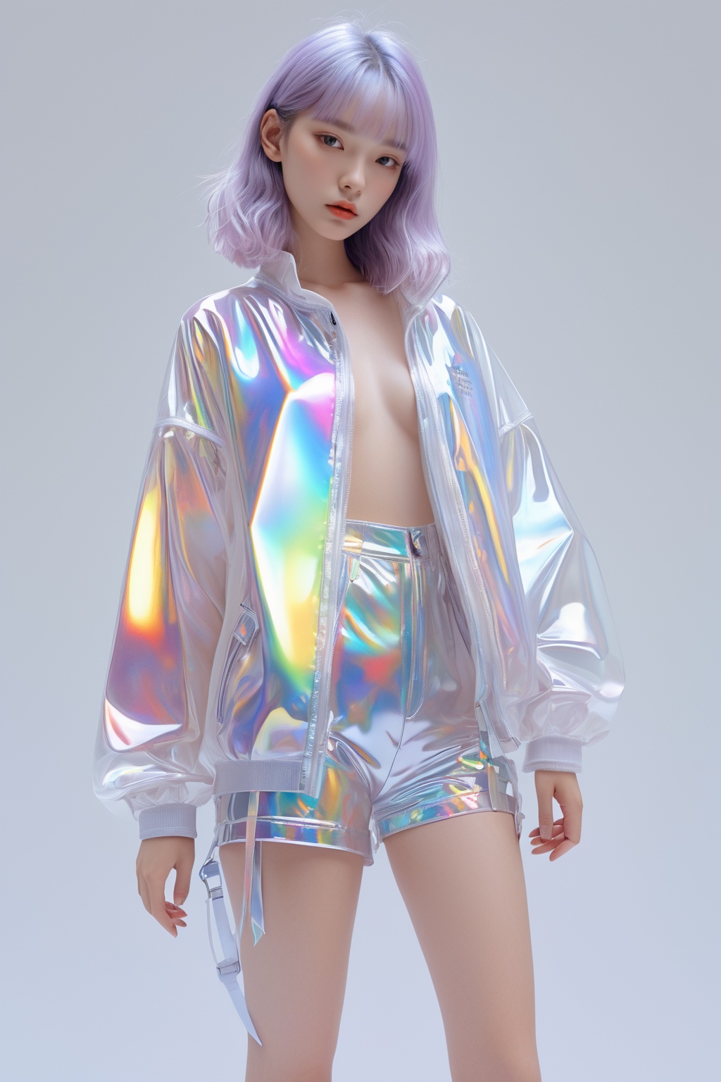 transparent color PVC clothing, transparent color vinyl clothing, prismatic, holographic, chromatic aberration, fashion illustration, masterpiece, girl with harajuku fashion, looking at viewer, 8k, ultra detailed, pixiv
