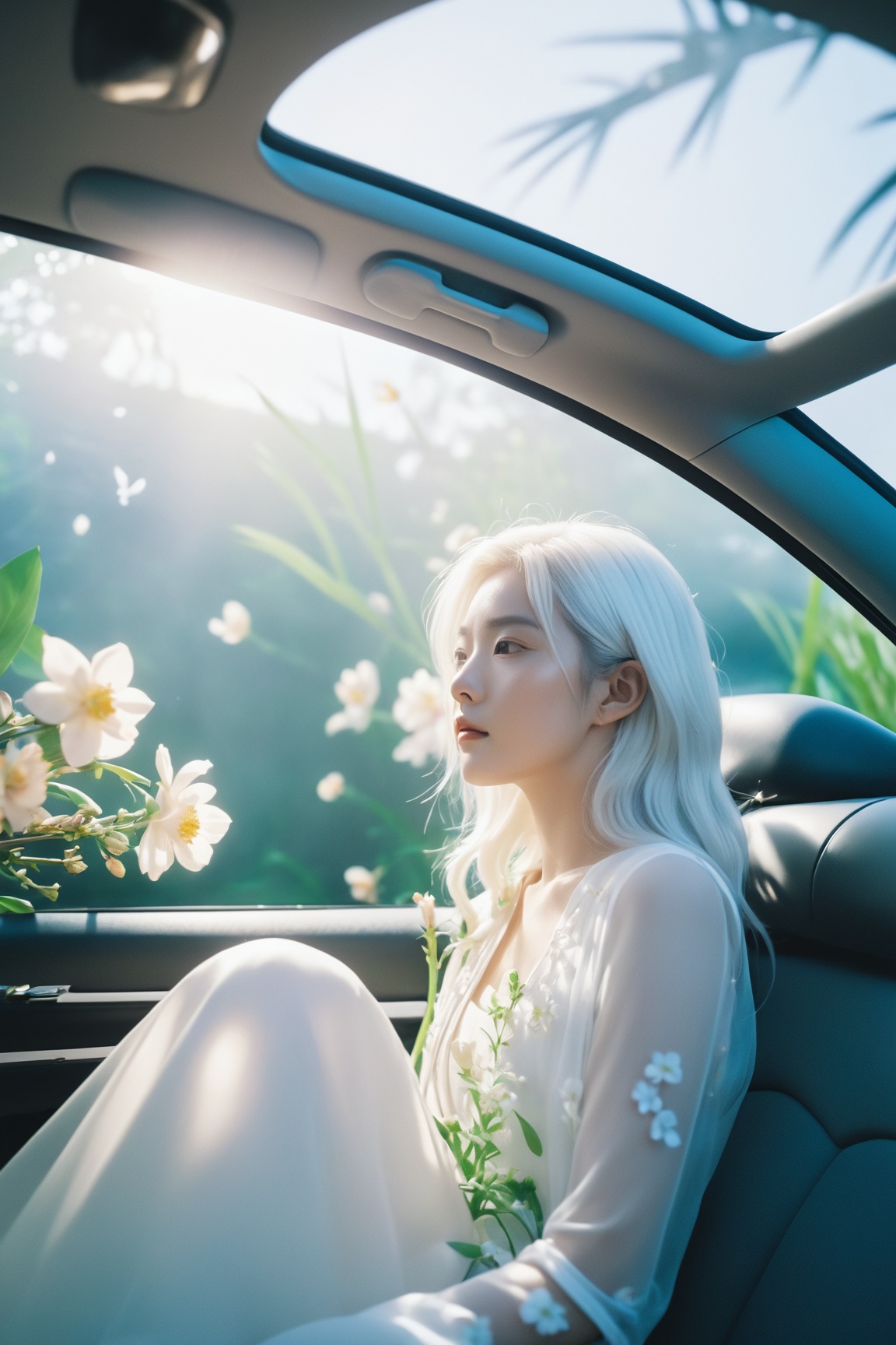  breathtaking ethereal fantasy concept art of cinematic film still,chinese girl,a girl with white hair sitting in car filled with flowers,art by Rinko Kawauchi,in the style of naturalistic poses,vacation dadcore,youth fulenergy,a cool expression,body extensions,flowersin the sky,****og film,super detail,dreamy lofi photography,colourful,covered in flowers andvines,Inside view,shot on fujifilm XT4 . shallow depth of field,vignette,highly detailed,high budget,bokeh,cinemascope,moody,epic,gorgeous,film grain,grainy . magnificent,celestial,ethereal,painterly,epic,majestic,magical,fantasy art,cover art,dreamy,monkren, . award-winning, professional, highly detailed, light master, monkren, sunlight