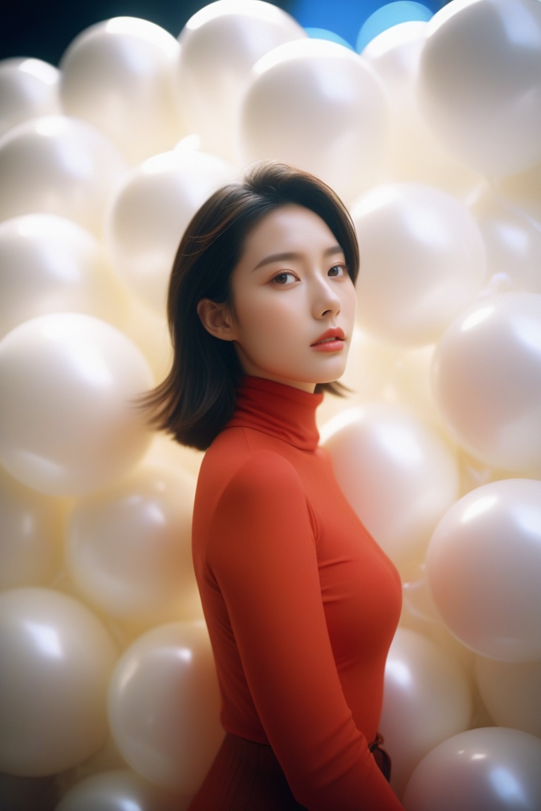  breathtaking cinematic film still,Cowboy_Shot,blouse,a cinematic fashion portrait photo of beautiful young woman from the 90s wearing a red turtleneck standing in the middle of a ton of white balloons,dramatic lighting,taken on a hasselblad medium format camera,looks like liuyifei,white balloon,shallow depth of field,vignette,highly detailed,high budget,bokeh,cinemascope,moody,epic,gorgeous,film grain,grainy . award-winning,professional,highly detailed,sc,monkren,, monkren