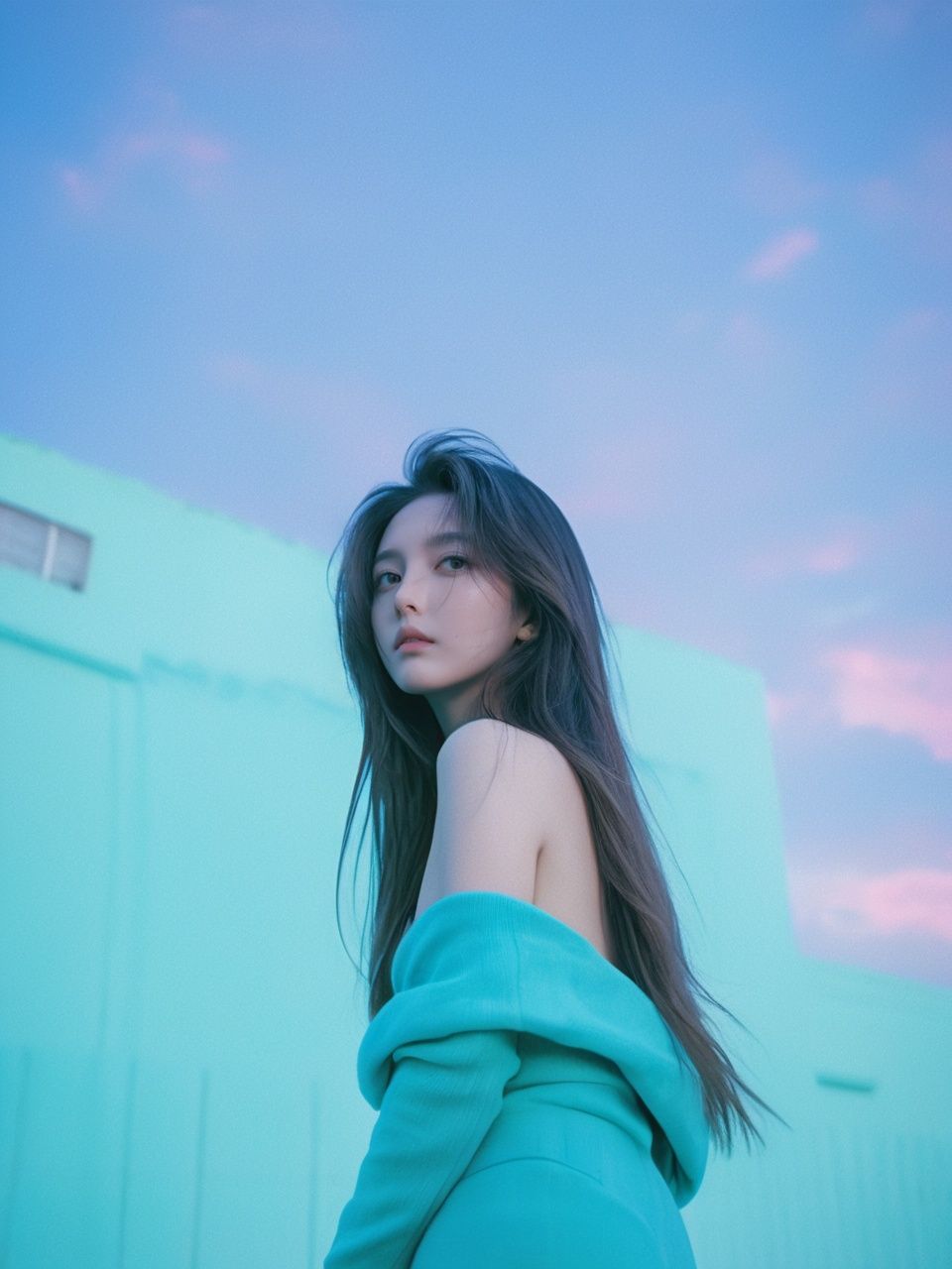  xxmixgirl, (masterpiece:1.0), (highest quality:1.12), (HDR:1.0), a girl with long hair looking at viewer, with a teal background and a indigo sky, constant, vaporwave colors, a character portrait, synchronization, detailed, realistic, 8k uhd, high quality, monkren