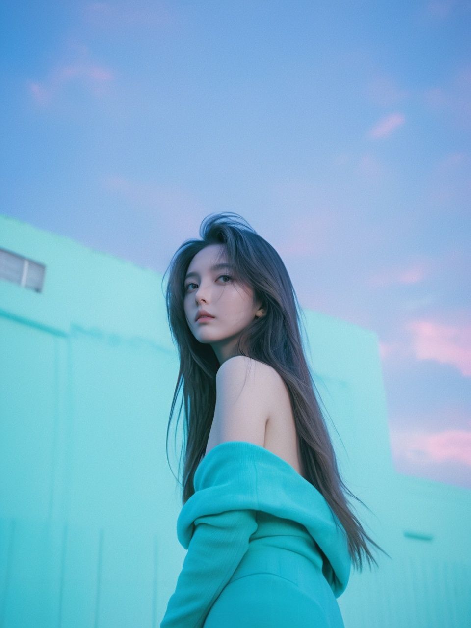  xxmixgirl, (masterpiece:1.0), (highest quality:1.12), (HDR:1.0), a girl with long hair looking at viewer, with a teal background and a indigo sky, constant, vaporwave colors, a character portrait, synchronization, detailed, realistic, 8k uhd, high quality, monkren