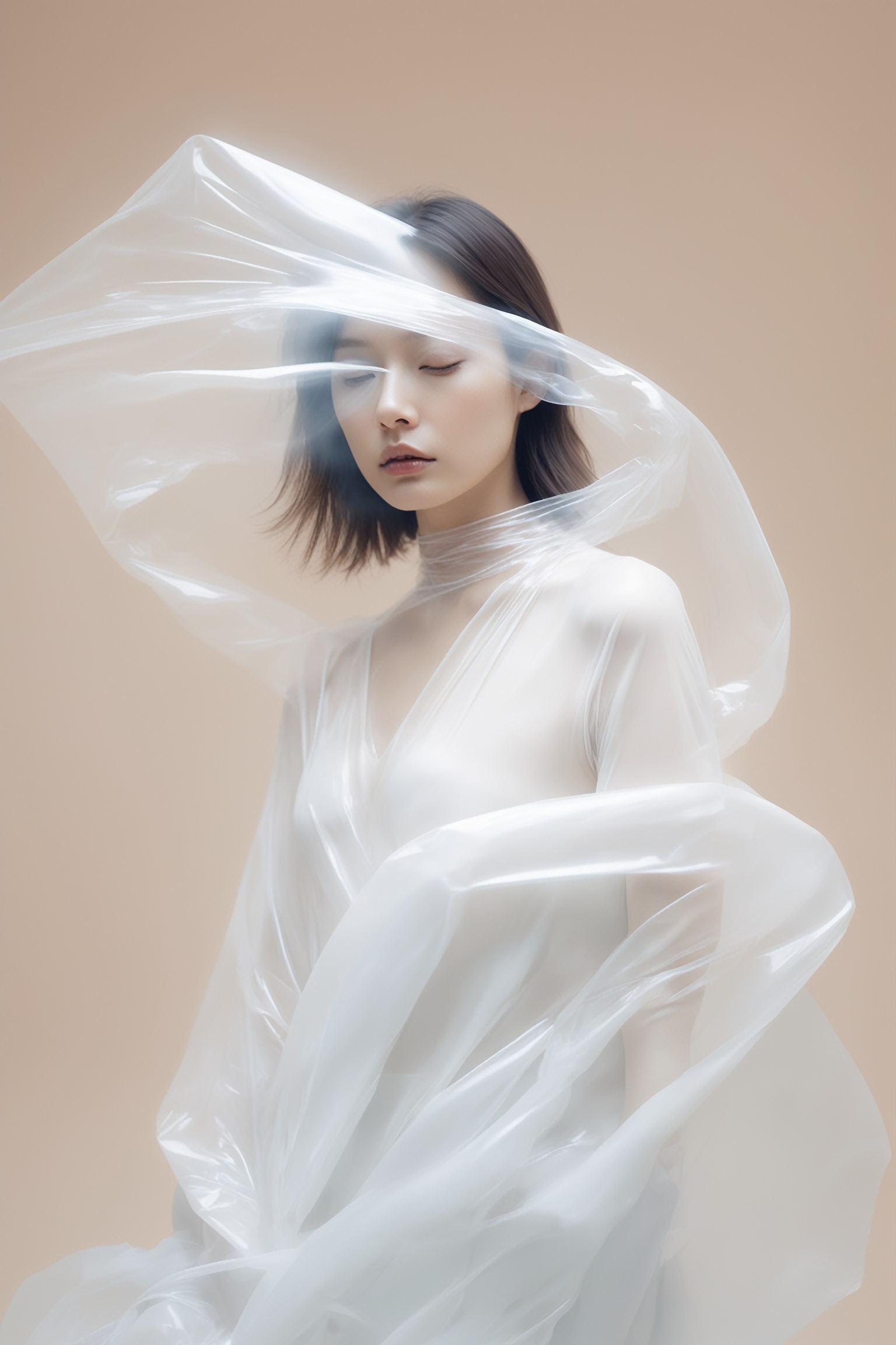  a white image shows a woman covering herself with plastic, in the style of soft focus romanticism, fashion bazaar style, artwork by haruna kikuchi, clean, translucent, abstraction création, uhd image