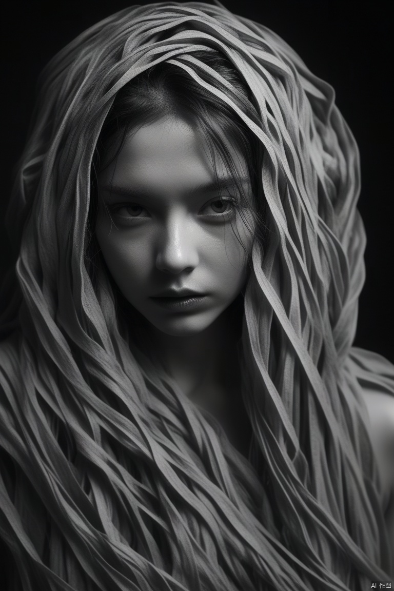 Monochrome composition of a (shrouded figure:1.3), entirely enveloped in (tangled strips:1.2), with (visible lips:1.1) and (intense gaze:1.1), texture-rich, abstract human form, grayscale palette, dynamic contrast, (striking shadows:1.2), high-detail, close-up, conceptual art, mystery and concealment, studio shot, fine art photography, Canon EOS 5D Mark IV, f/4, 1/125s, ISO 100,
