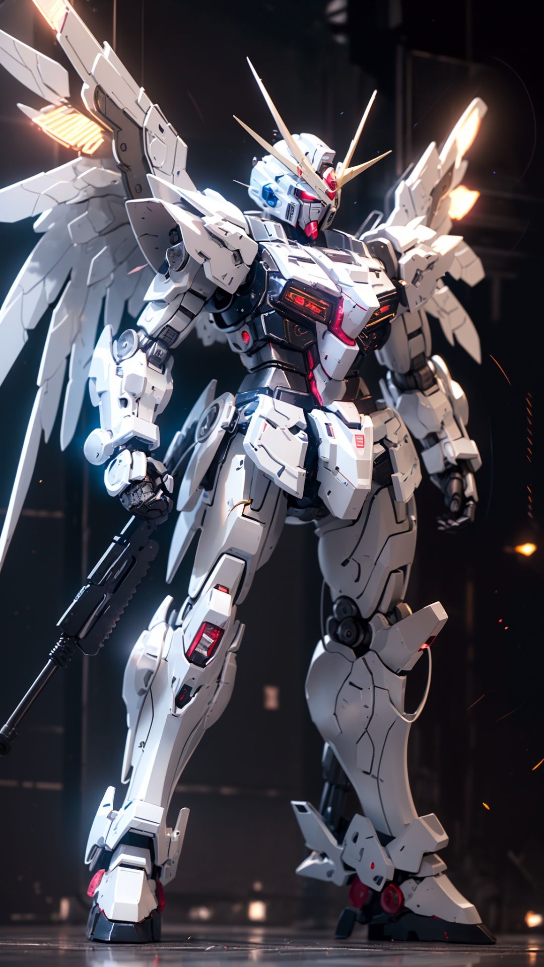 BJ_Gundam,solo,red_eyes,standing,weapon,wings,gun,no_humans,glowing,robot,holding_gun,mecha,science_fiction,glowing_eye,looking_ahead,mobile_suit,cinematic lighting,strong contrast,high level of detail,Best quality,masterpiece,White background,<lora:Gundam_Mecha_v3.5(4440):0.7>,