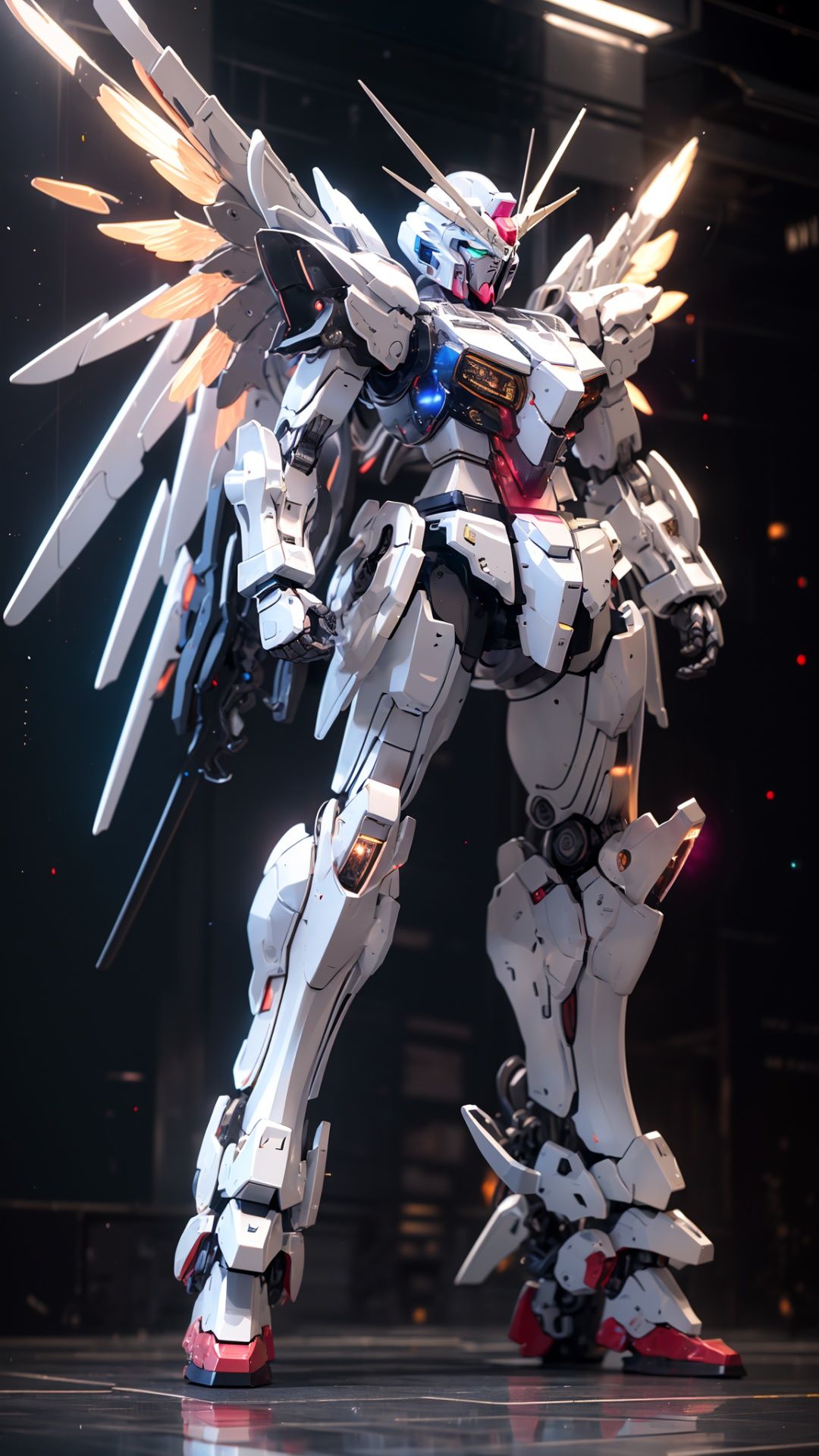 BJ_Gundam, solo, wings, standing, no_humans, glowing, robot, mecha, clenched_hands, science_fiction, v-fin, mobile_suit,cinematic lighting,strong contrast,high level of detail,Best quality,masterpiece,White background,<lora:Gundam_Mecha_v3.5(4440):0.7>,