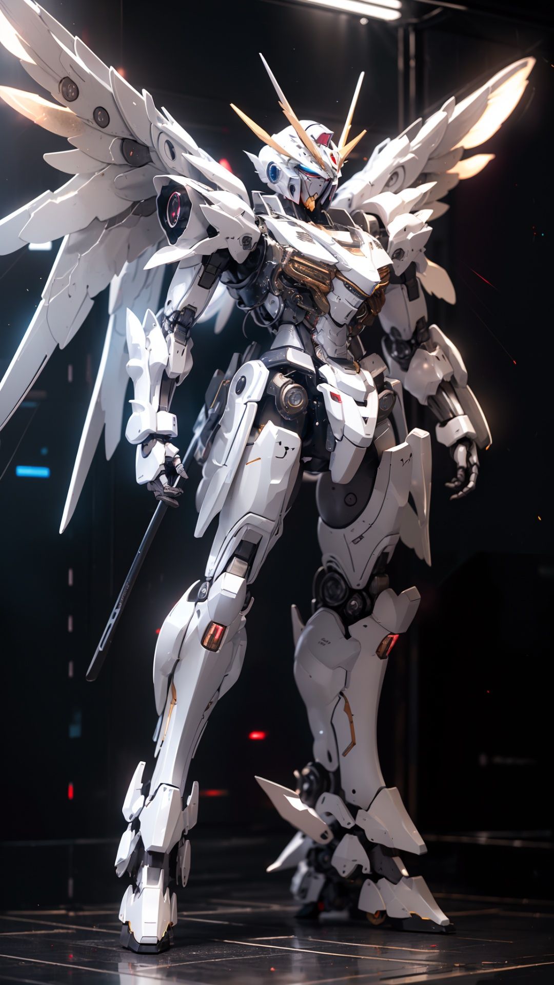 BJ_Gundam,solo,wings,standing,no_humans,glowing,robot,mecha,clenched_hands,science_fiction,looking_ahead,cinematic lighting,strong contrast,high level of detail,Best quality,masterpiece,White background,<lora:Gundam_Mecha_v3.5(4440):0.7>,