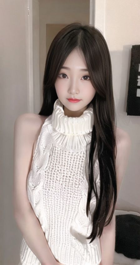 1girl, white backlesssweater,standing, face, upper body,indoors,   <lora:backless_sweater:0.8> <lora:taiwanDollLikeness_v15:0.7>